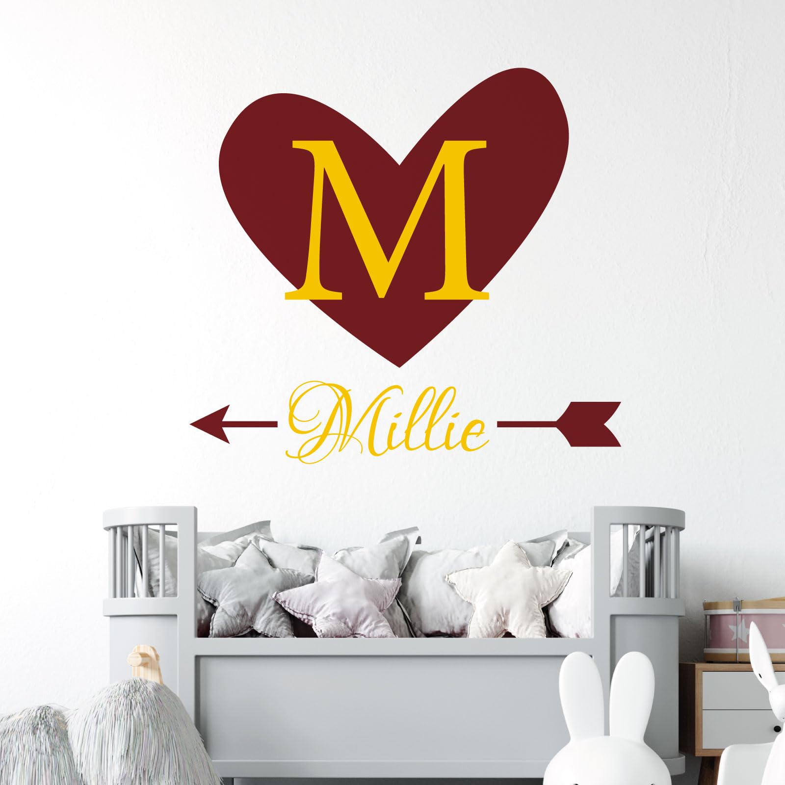 Heart & Arrow - Personalised Name, Initial Letter, Children Nursery Bedroom Decal Wall Sticker [Medium] [Burgundy]