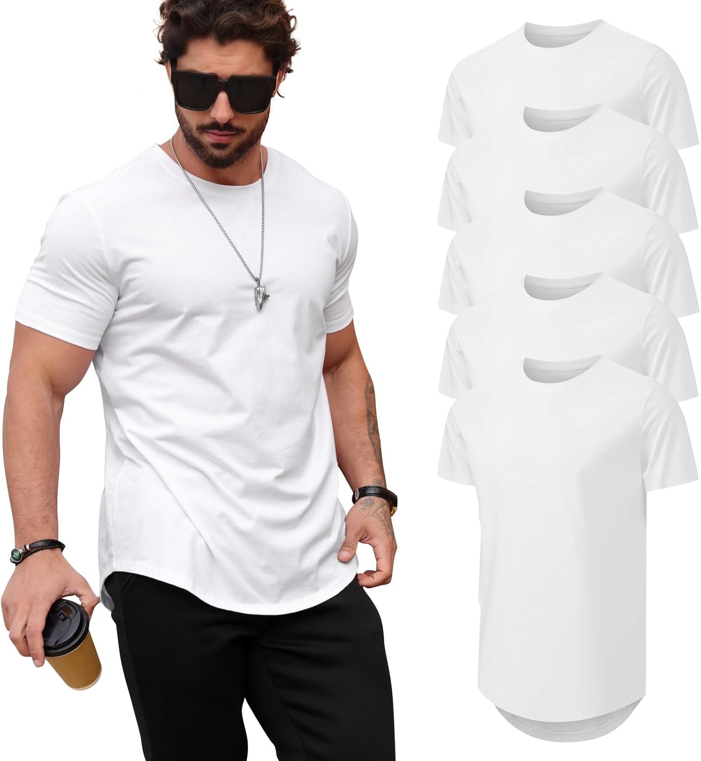 Mens T Shirts Casual Hipster Hip Hop Longline Crewneck Tee Shirts