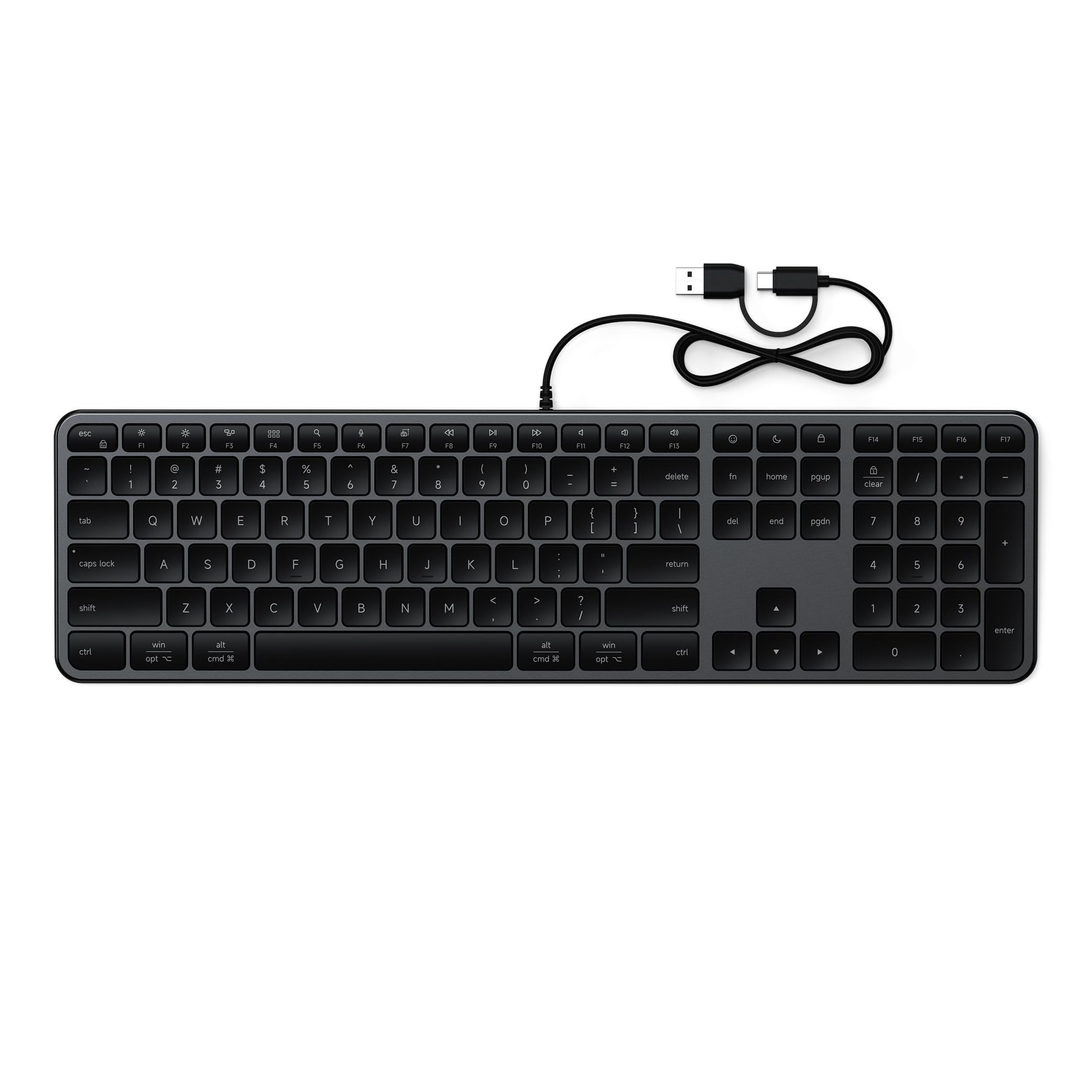SATECHI LX3 Slim Wired Keyboard Full Size with Numeric Keypad, USB-C, OS Switch Key for Mac, Windows and Android - Space Black