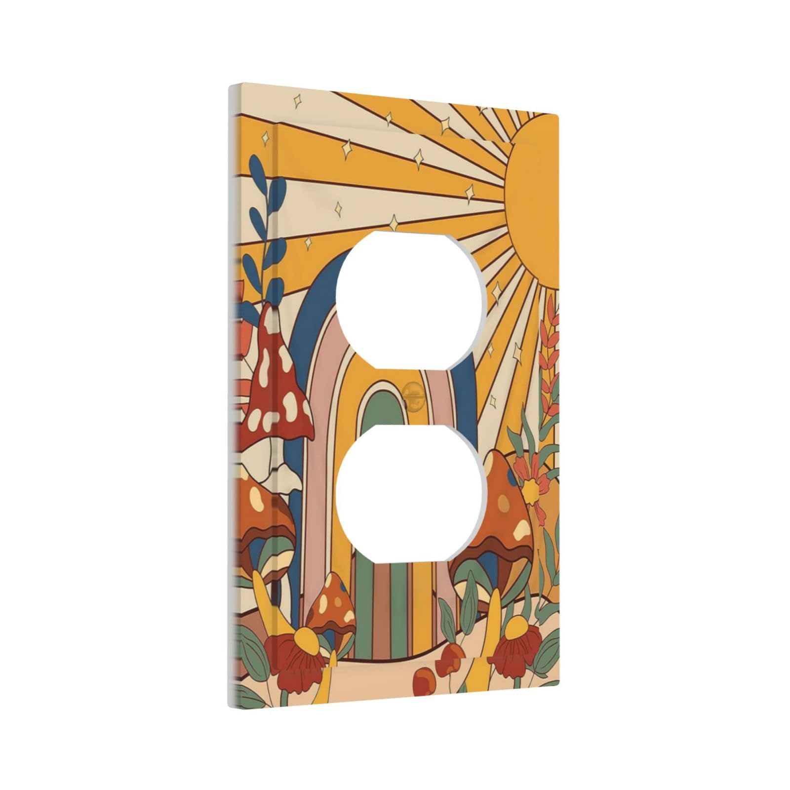 Vintage Mushroom 1 Gang Rocker/GFCI Outlet Wall Plate – Boho Floral Retro 70s Decor, Brown Botanical Leaves