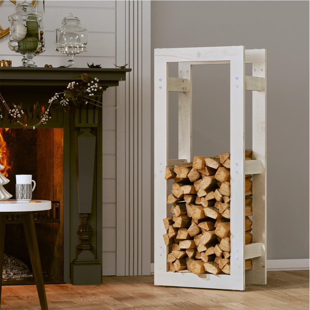 Kaminholzregal Weiß 41x25x100 cm aus Kiefernholz, Brennholzregal für Innen und Außen, Holzstapelhilfe für Kamin und Ofen, Platzsparendes Kaminzubehör