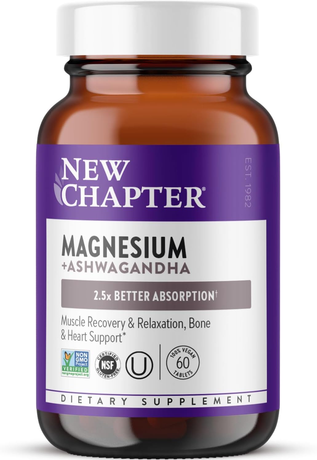 New Chapter Magnesium + Ashwagandha Supplement, 325 mg with Magnesium Glycinate for Muscle Relaxation & Recovery, Heart, Nerve & Bone Health, 2.5X Absorption, Non-GMO - 60 ct (2 Month Supply)