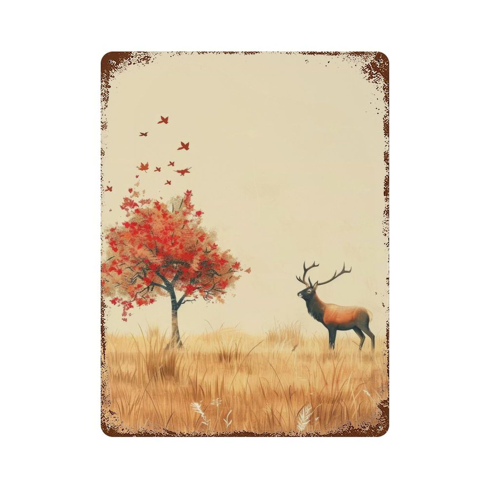 Autumn Deer And Tree Vintage Wall Sign 15.7"x11.8", Rust Effect Metal Decor for Cafe, Home Bar And Lounge Decor