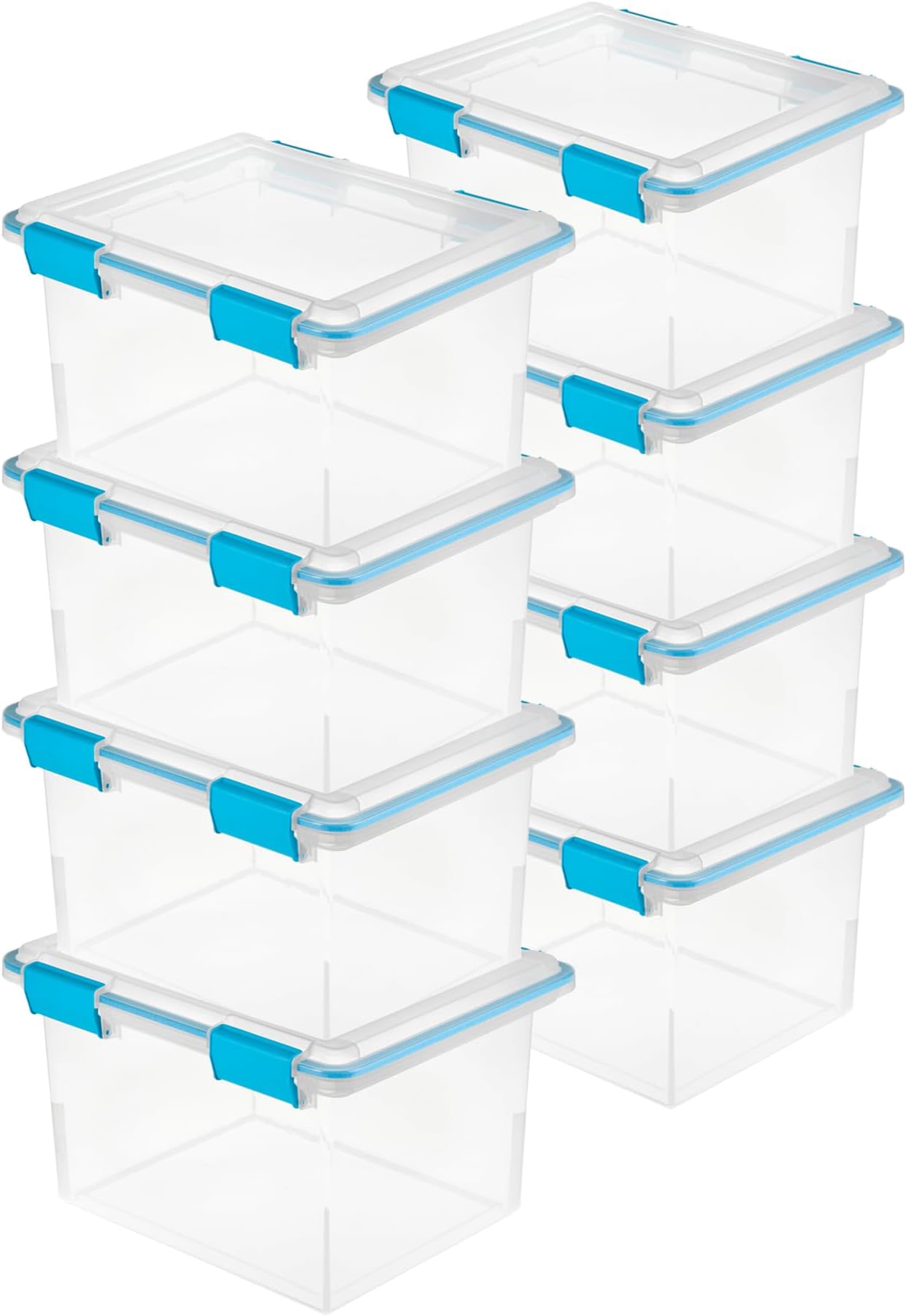 Sterilite 32 Qt Gasket Box, Stackable Storage Bin with Latching Lid and Tight Seal, Plastic Container to Organize Basement, Clear Base and Lid, 8-Pack