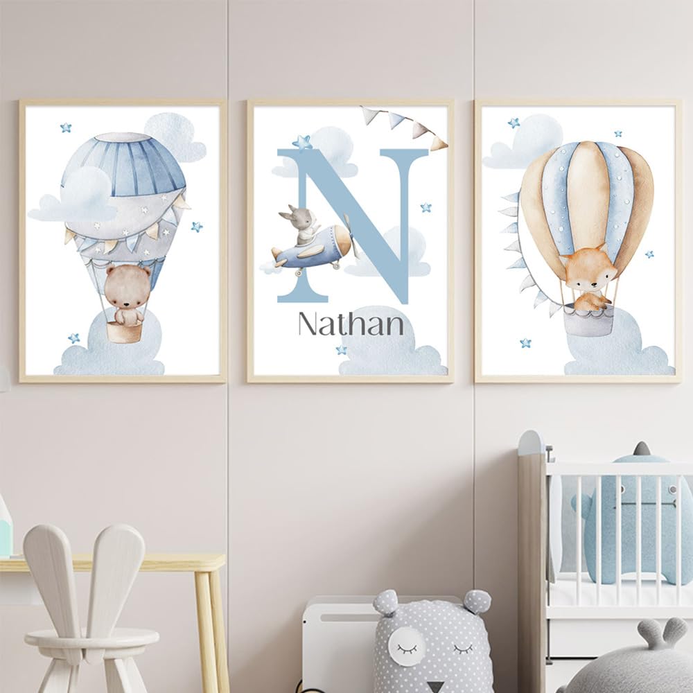3 Laminas Infantiles Azul 30X40CM Cuadros Pared Bebe Globo Nubes Conejo Zorro Poster Personalizado Bebé Lienzo Animales Infantiles Laminas Habitacion Niño Cuadros Animales Habitacion Niño sin Marco