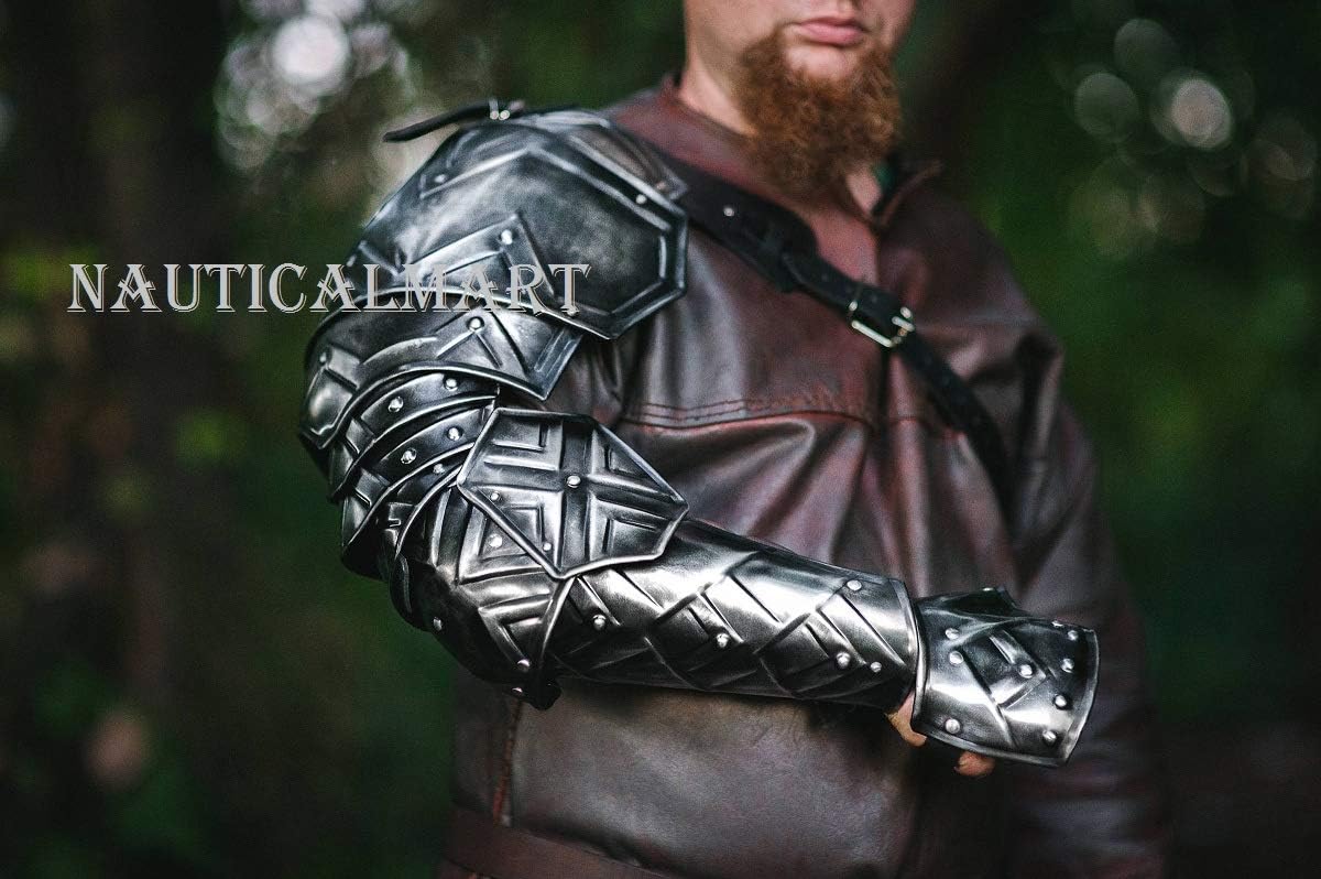 NauticalMart Dwarven Style Blackened Set - LARP Shoulders&Bracers - Steel Armor Handcrafted Custom Made