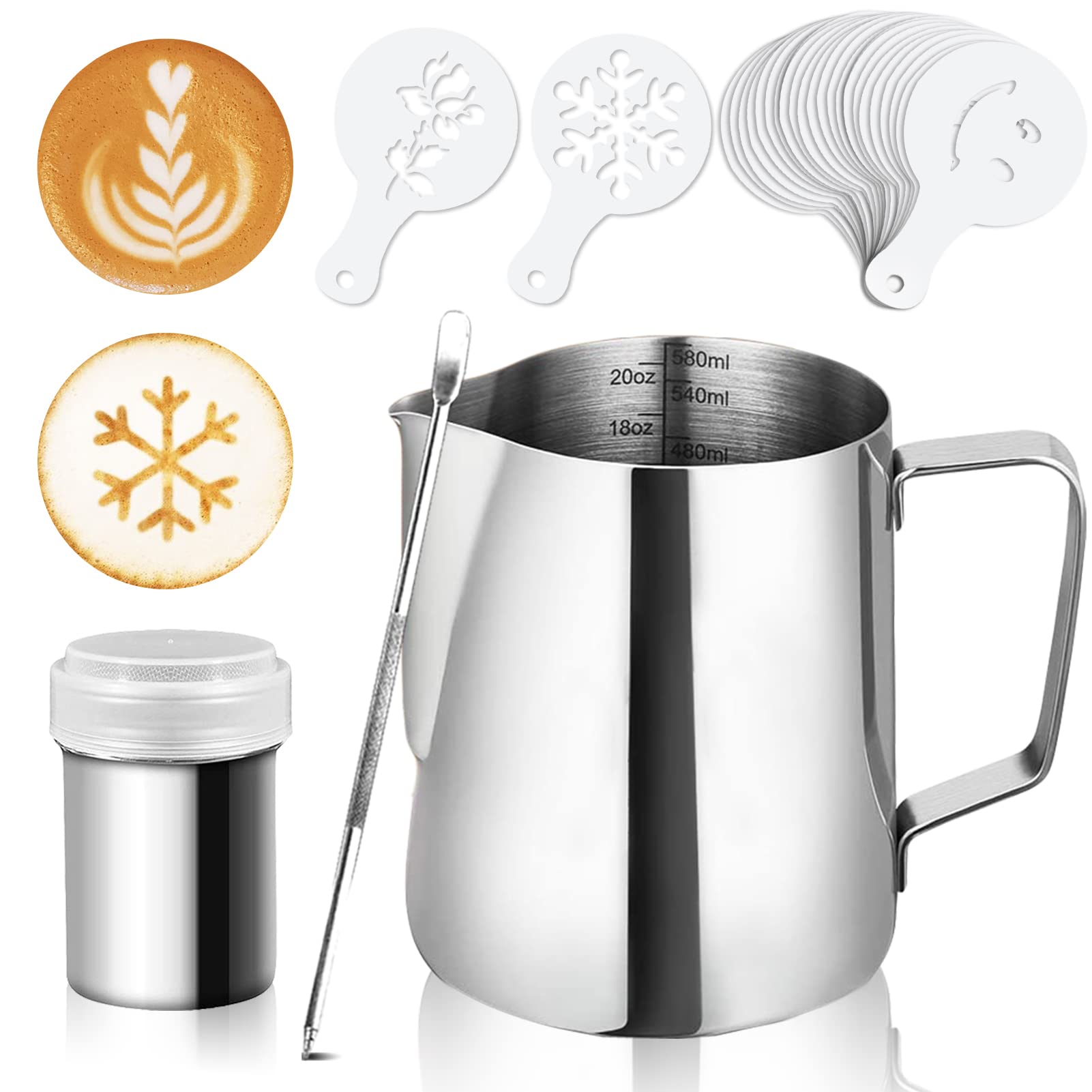 Artcome20oz/600ml Stainless Steel Milk Frothing Pitcher with Measurement Inside - Cappuccino Pitcher Pouring Jug Espresso Cup - Perfect for Espresso Machines, Milk Frothers, Latte Art (33 PCS)