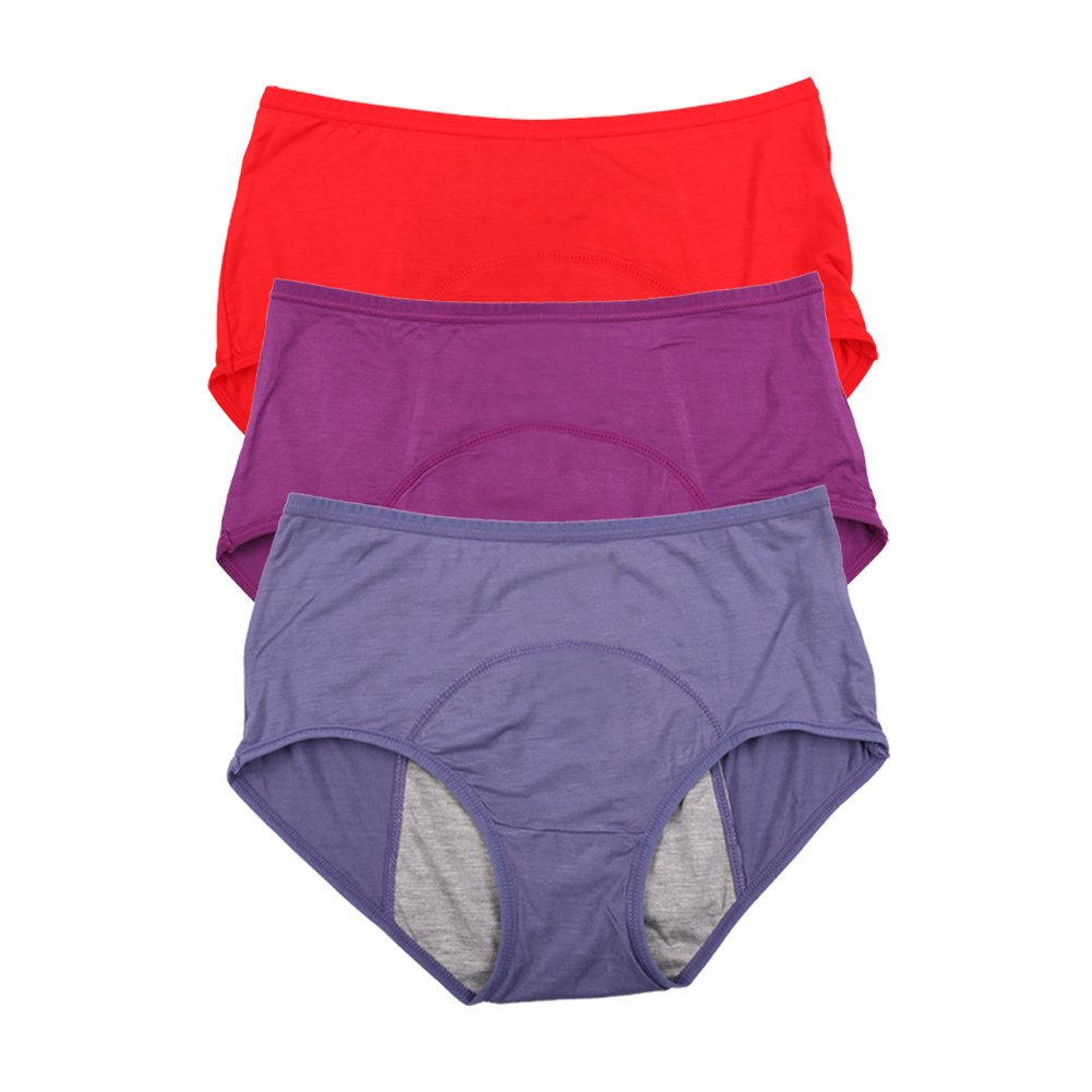 YOYI FASHION Bamboo Viscose Fiber Menstrual Period Leakproof Panties 3 Pack Size 14, Red,Purple,Denim Blue