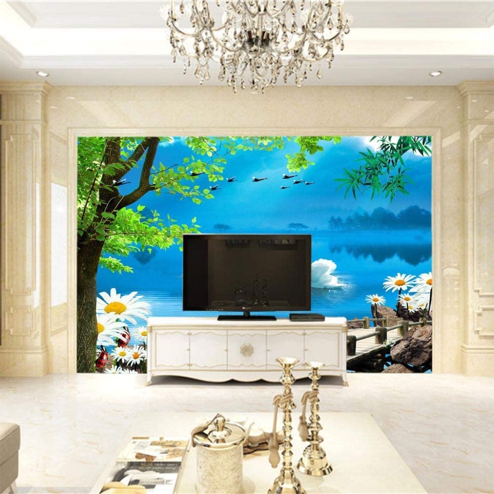 Papel Pintado Mural, 3D Pareja De Cisnes En El Lago Papel Pintado Autoadhesivo Peel And Stick Para Sala De Estar, Dormitorio, Tv, Fondo, Oficina, Restaurante, Habitación, Póst 350(ancho)x256(alto)cm