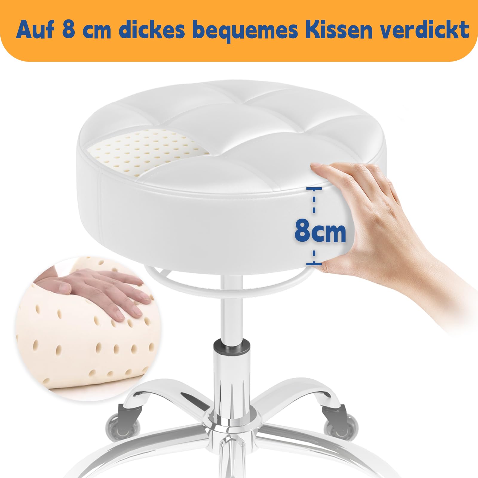 Rollhocker，Hocker höhenverstellbar mit ringheber，Dicker Schaumstoff für weichen Komfort，Stuhl mit Rollen 360°，Arbeitshocker bis 180 kg belastbar， Drehhocker für Salon Spa und Haushalt(Weiß)