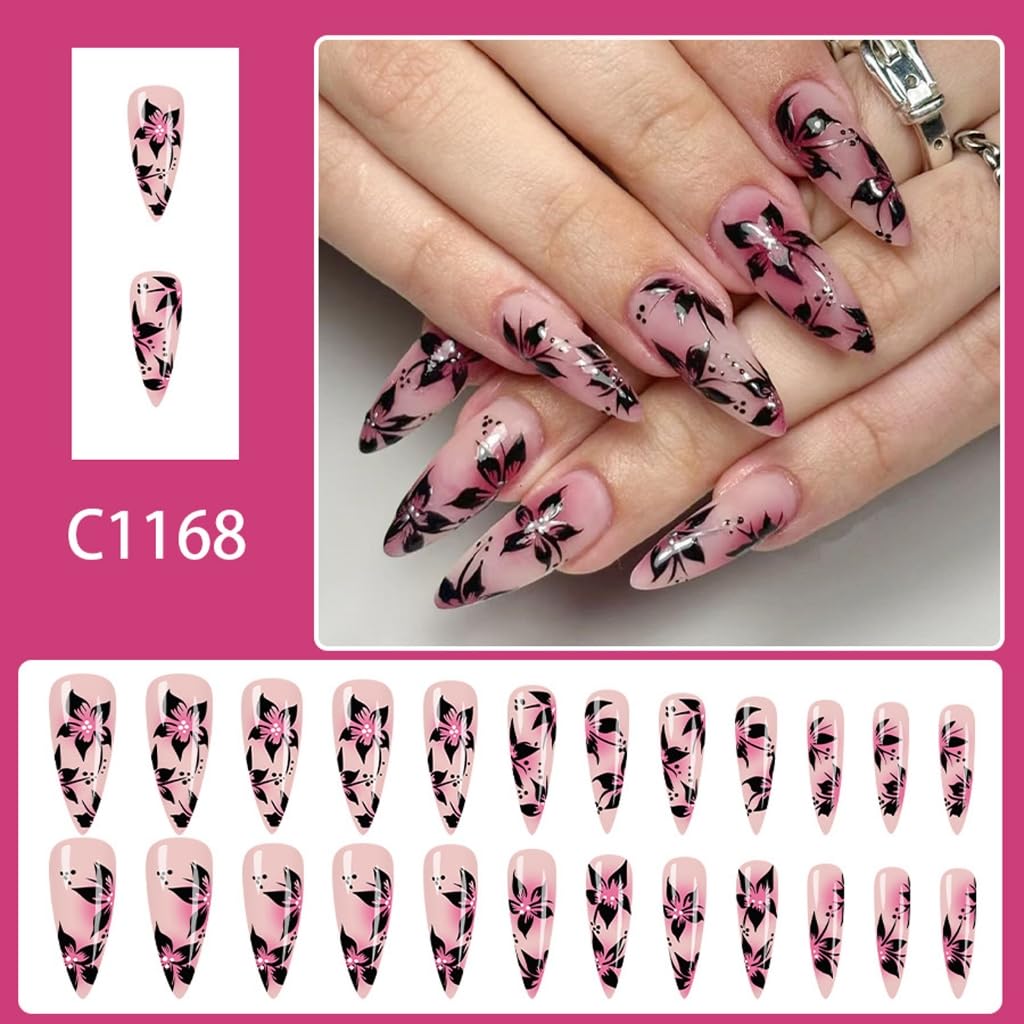 French Glossy Flower Long Stilettos 24pc Shining Faux Nails Autumn Winter