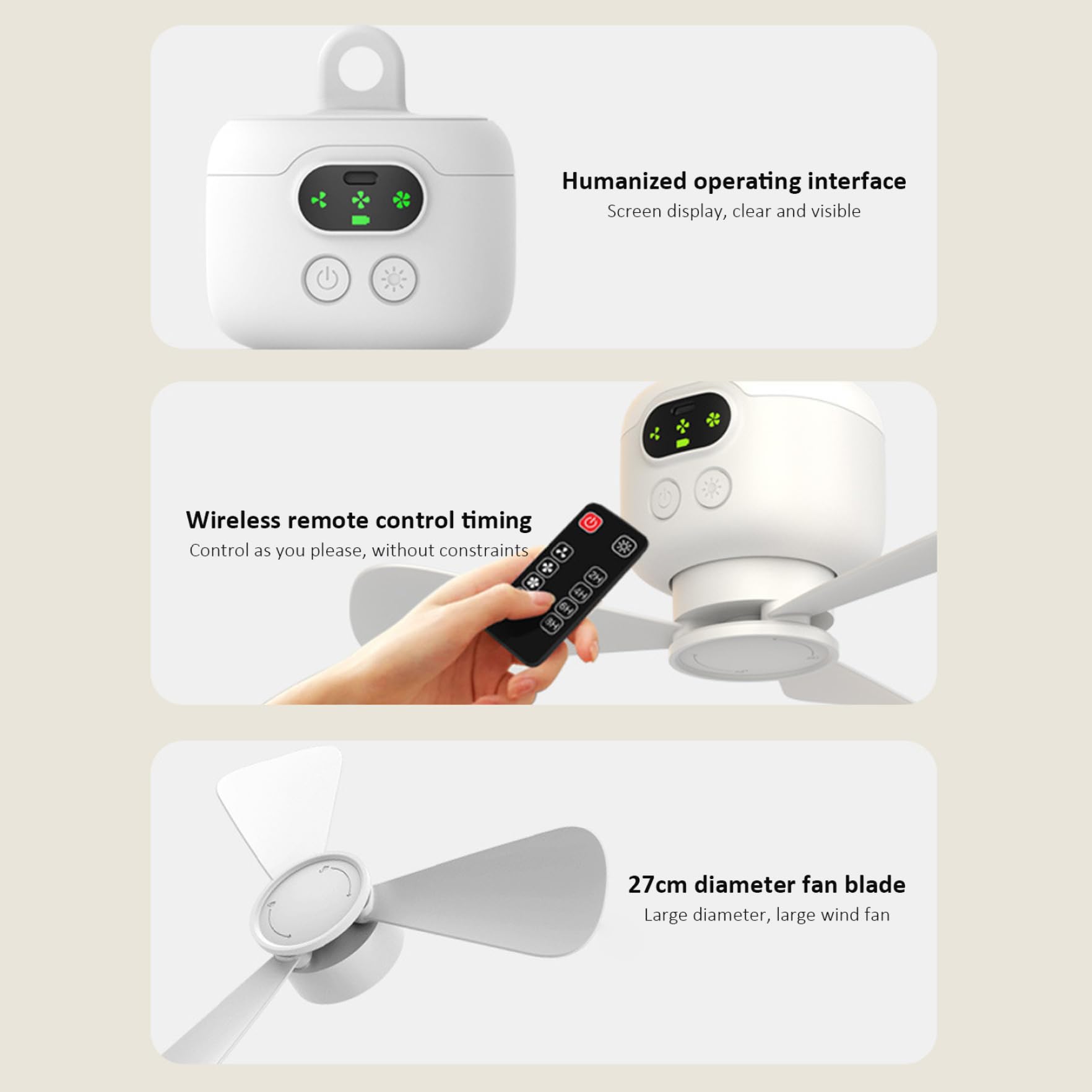Ventilador de Techo portátil, 8000 mAh, con Dosel Colgante, Control Remoto y 3 velocidades, Recargable y Desmontable. Imprescindible para el Verano, Ideal para Exteriores e Interiores.