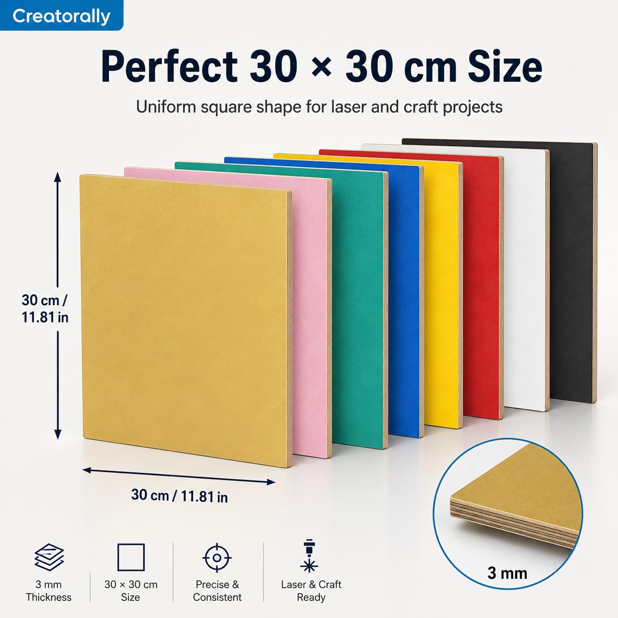 Farbige Sperrholz 3mm, Linde Sperrholzplatte Bunte 30x30 cm 8 Stück für Laser Schneiden und Gravieren, Unbehandeltes Holzplatte zum DIY Holzver Brennung (8 Farben)