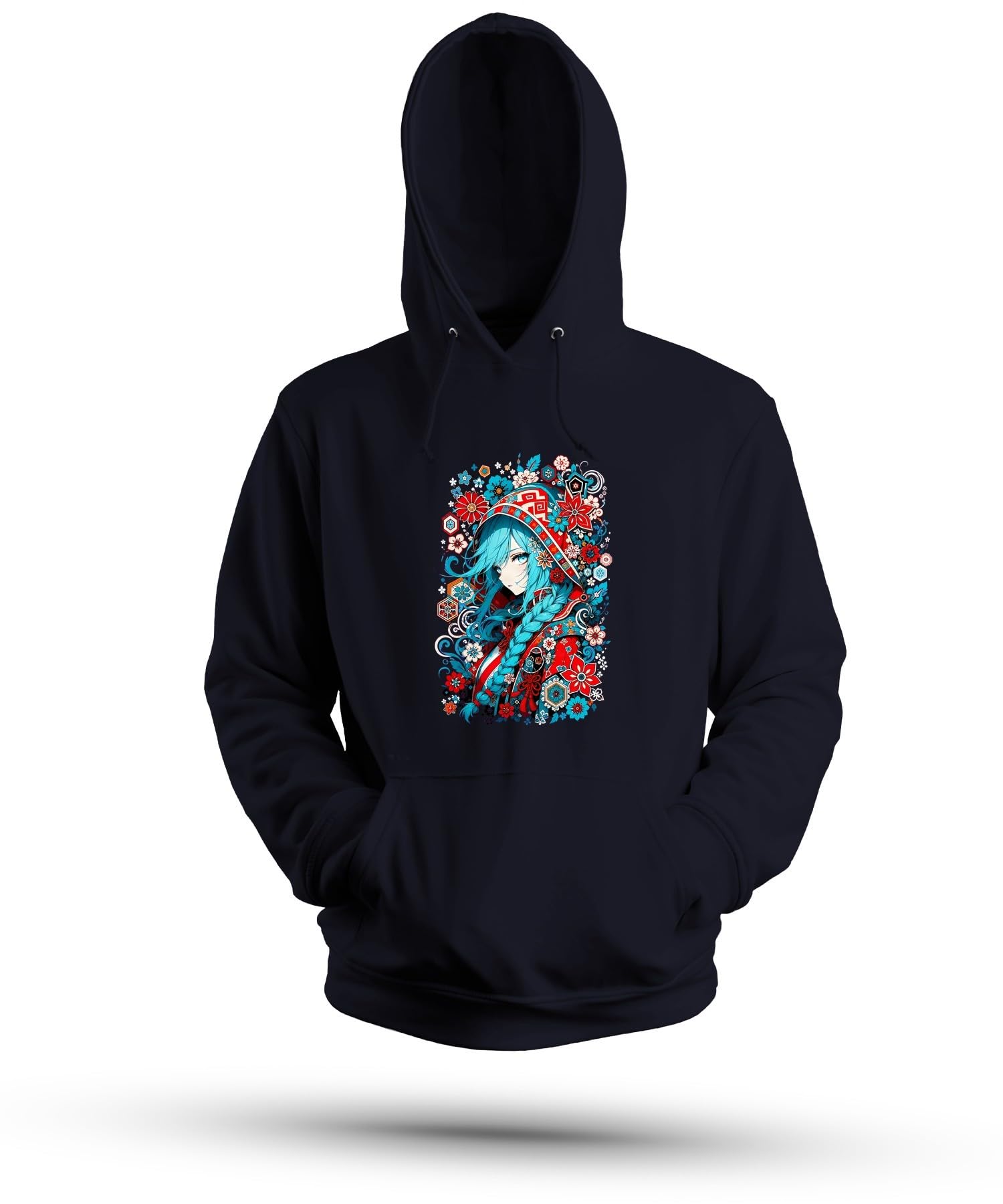 Anime dziewczęca niebieskie włosy Japonia Y2K bluza z kapturem, granatowa, M | Aesthetic warkocz kwiaty tradycyjny Cosplay fantazja prezent dla geek kolorowy portret folkloru