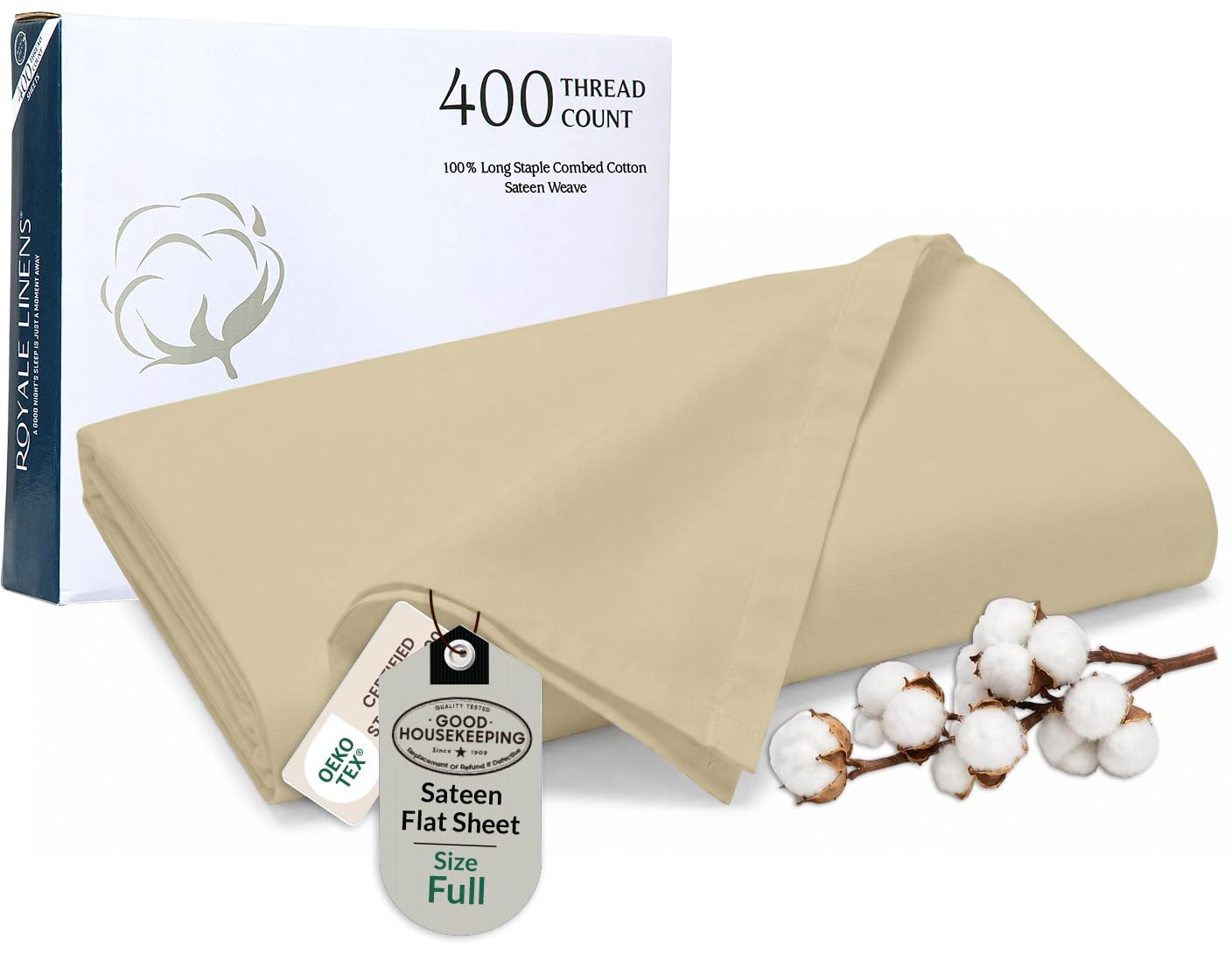 Royale Linens Full Flat Sheet Only, Luxury Breathable Sateen Weave 100% Cotton Flat Sheets, Ultra Soft Single Flat Sheets Only Sold Separately, Cooling Top Sheet (Moroccan Sand-81x96)