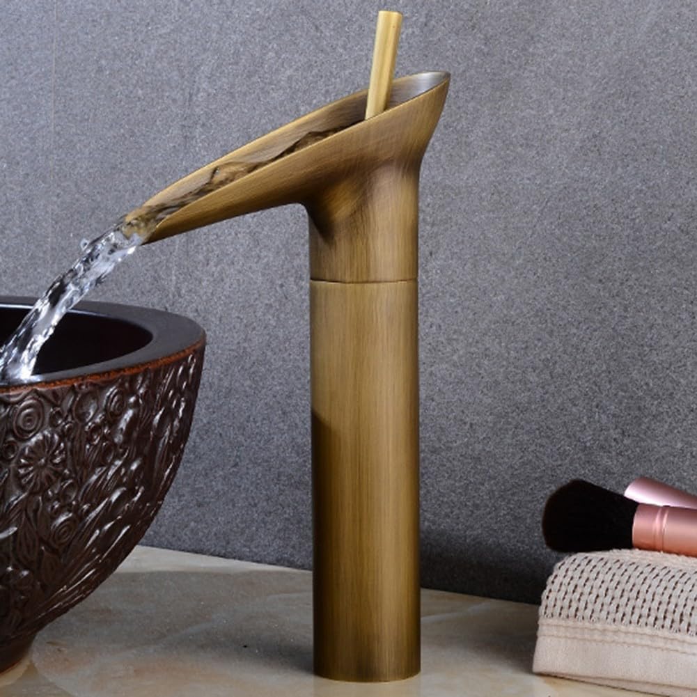 EasyByMall Robinet mitigeur de lavabo cascade, robinet d'évier de salle de bain, robinet de tasse à vin en cuivre, robinet mélangeur de lavabo chaud et froid, robinet à levier unique en laiton