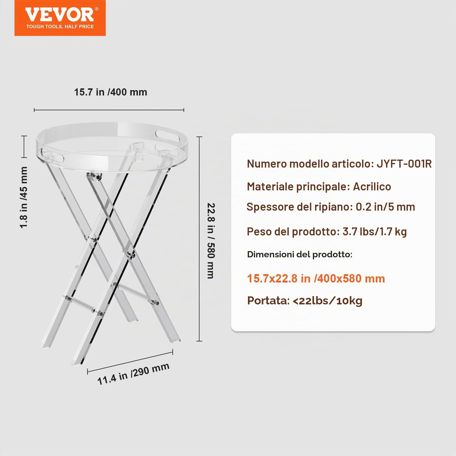 VEVOR Tavolino Caffè in Acrilico Trasparente Tavolino Basso Rotondo da Soggiorno 400x400x580 mm, Tavolo da Ingresso Portata max. 10 kg, Tavolino Pieghevole per Soggiorno Camera da Letto Balcone Caffè