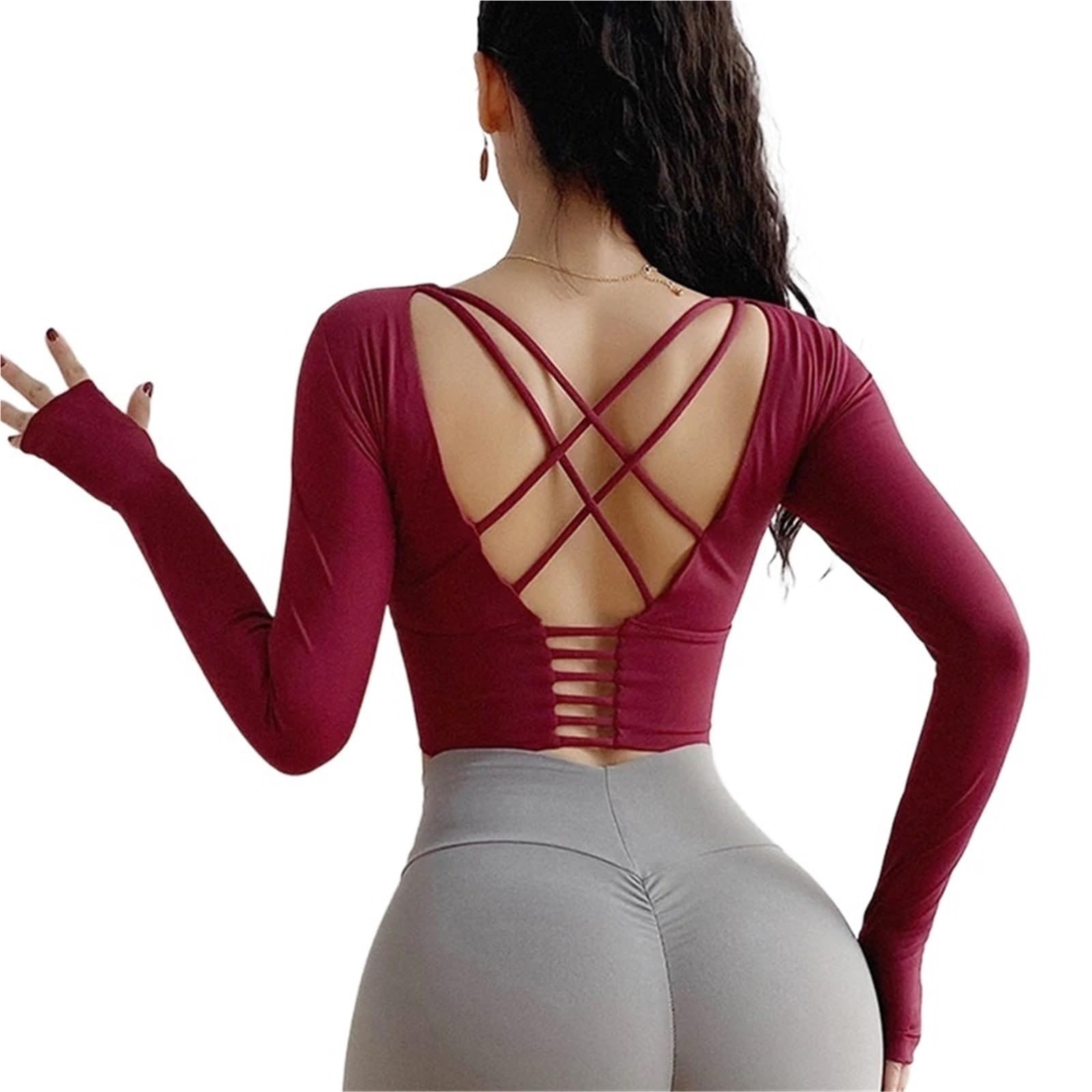 Chemises de Yoga entraînement Dos Ouvert Haut à Manches Longues Haut Court Femmes Printemps Automne Gymnase Fitness vêtements de Sport Dos croisé Sport T-Shirt pour Yoga Sport