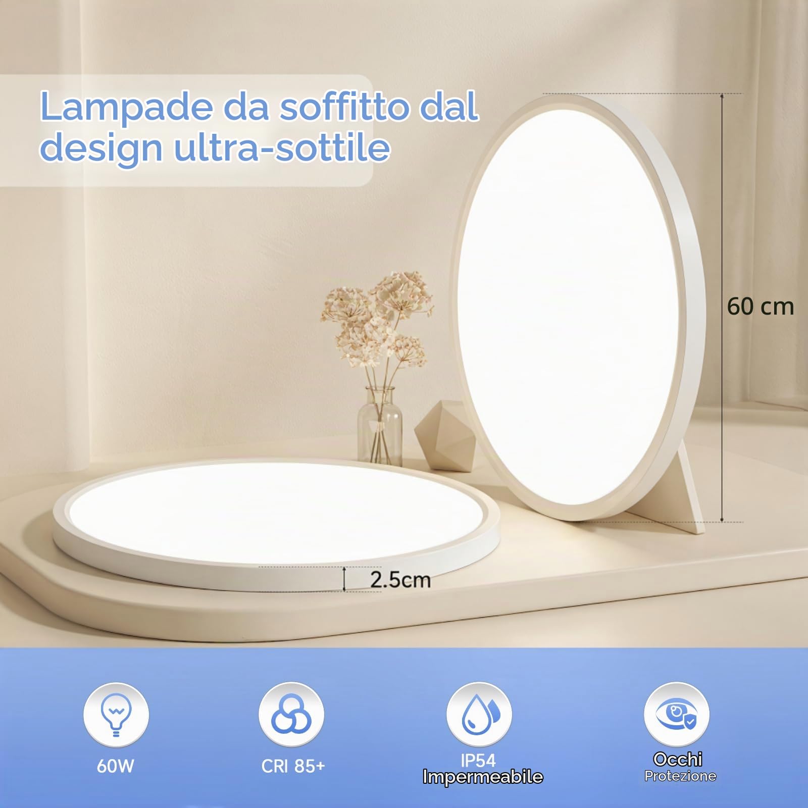 EASY EAGLE Plafoniera LED Soffitto Dimmerabile 3000K-6500K, 60CM 60W Bianco | Rotondo Lampada con Telecomando, Lampadario LED Moderna per Soggiorno, Camera da letto, Cucina, Bagno, Ufficio