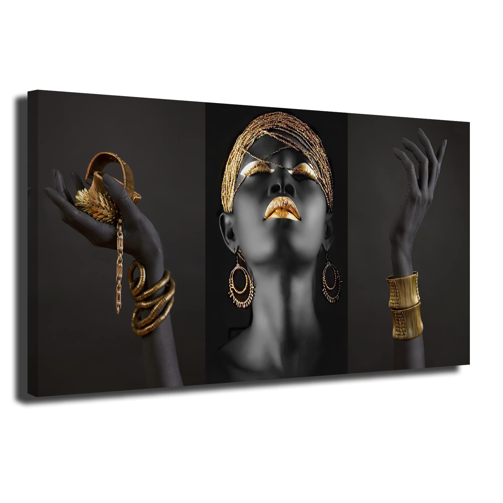 INGENIA HOME Cuadro Lienzo Canvas Chica Africana Maquillaje Dorado y Manos Negras con Joyas Doradas - Alta resolución – Varias Medidas (100_x_50_cm)