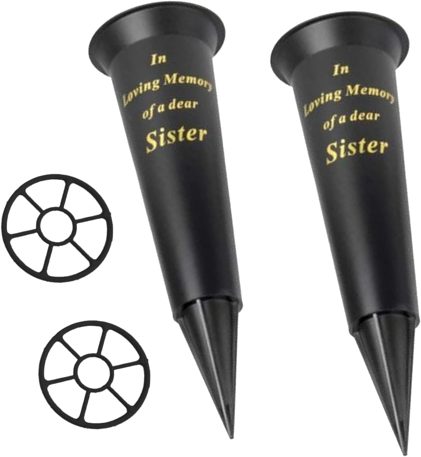 Set of 2 Black In Loving Memory Sister Spiked Memorial Grave Flower Vases Graveside Memorial with flower holder inserts