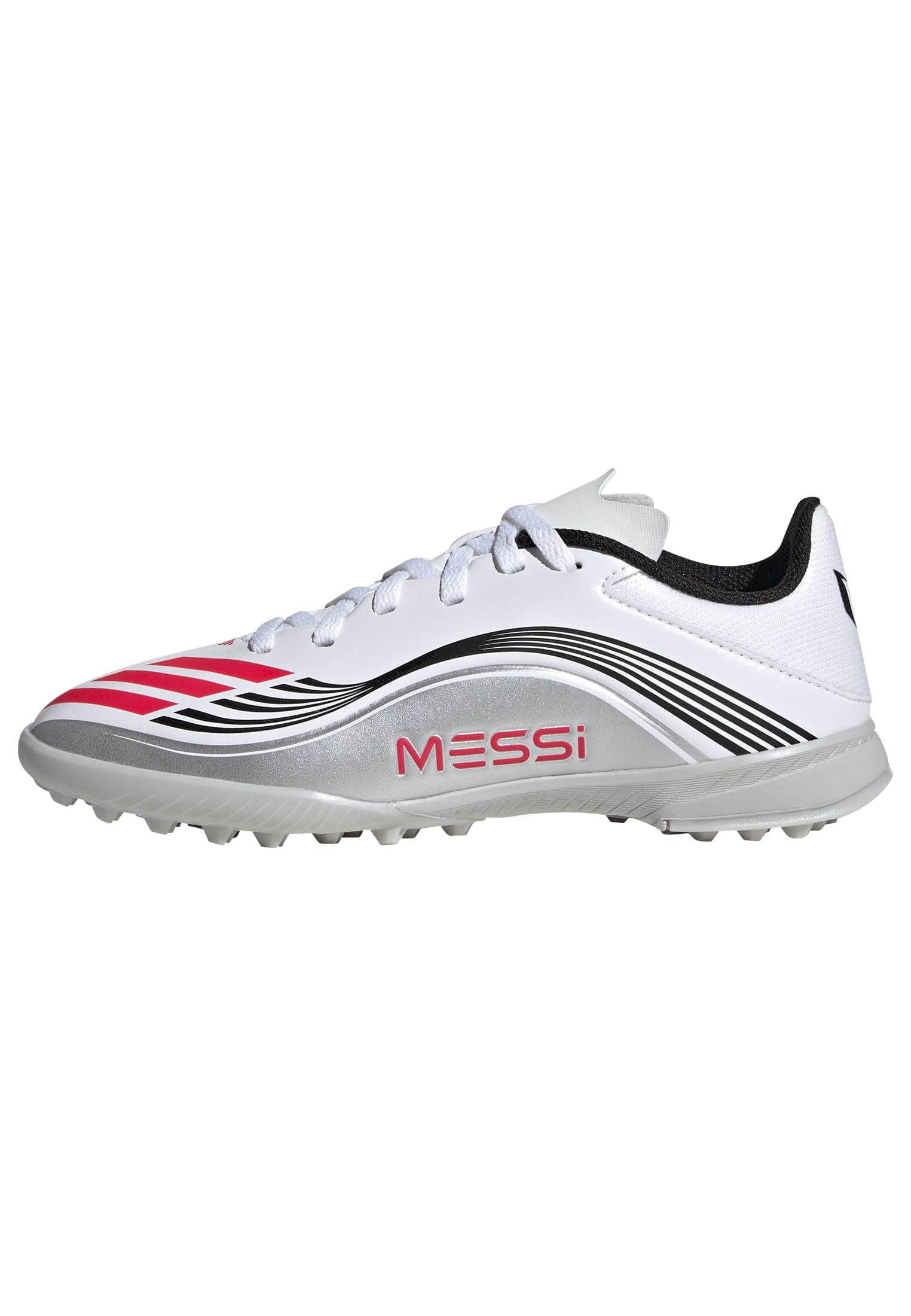 adidas Unisex Kids F50 Messi League Turf Football Boots Kids, Cloud White/Lucid Red/Silver Metallic, 5.5 UK