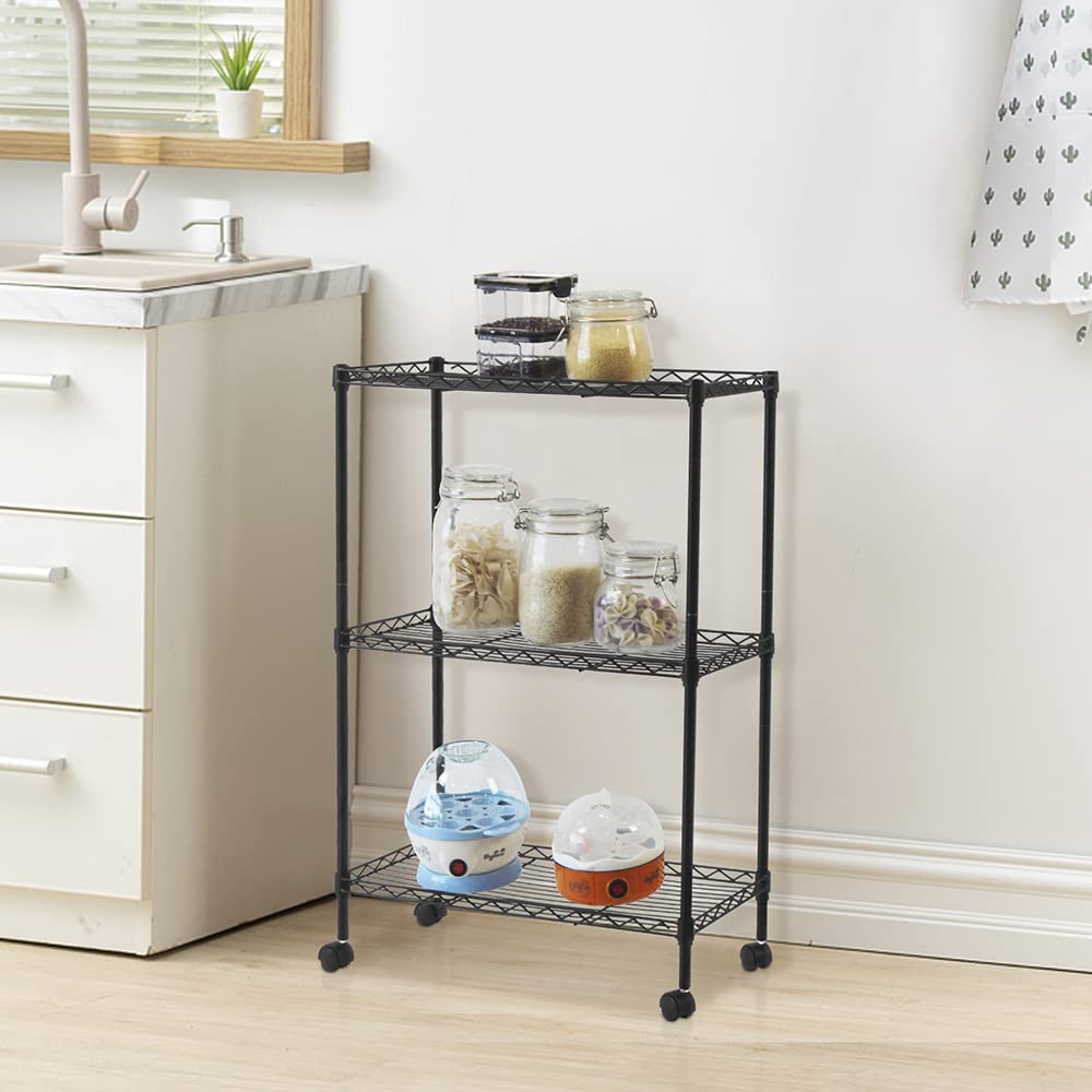Scaffali regolabili in metallo a 3 ripiani su ruote, versatile scaffalatura in filo metallico per cucina, garage e dispensa, compatta, 40 cm x 22 cm x 71 cm, finitura nera