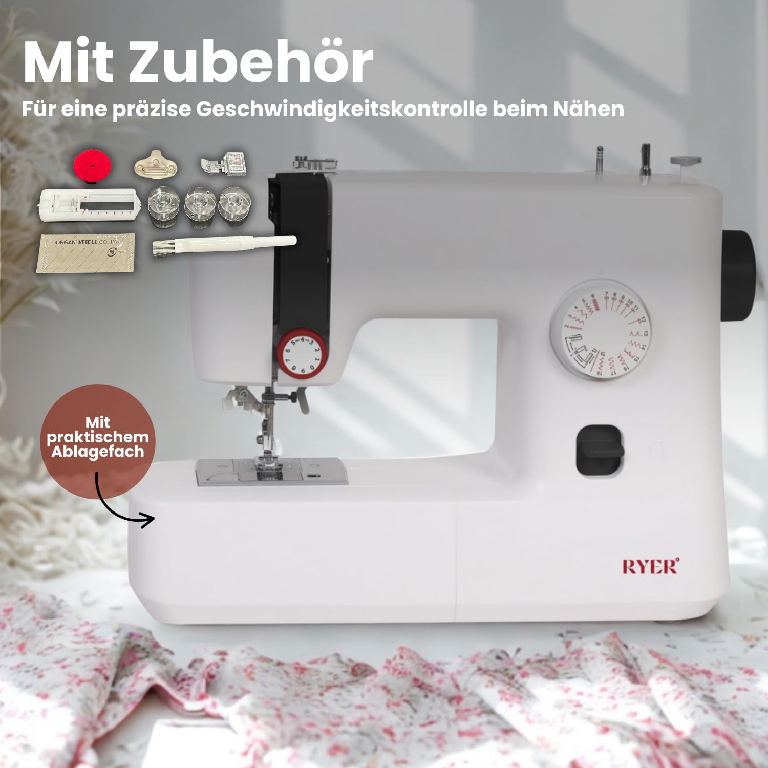 RYER Nähmaschine – 18 Stichprogramme, 7-Zahn-Transporteur, Horizontaler Rotierender Greifer, LED-Licht, Fadenschneider, Fußpedal & Zubehör – Kompakte und Robuste Nähmaschine für Anfänger und Fortgesch
