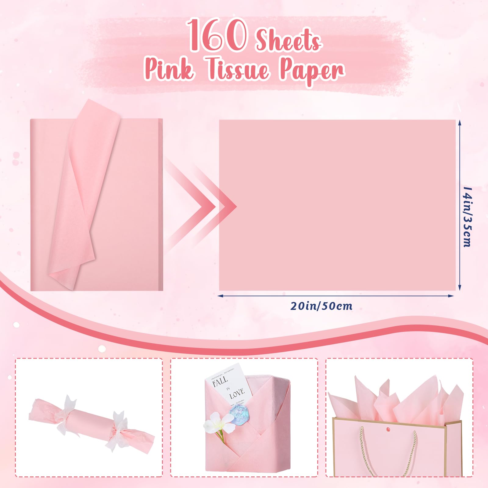 Lot de 160 feuilles de papier de soie pour sacs cadeaux, 50,8 x 35,6 cm, rose