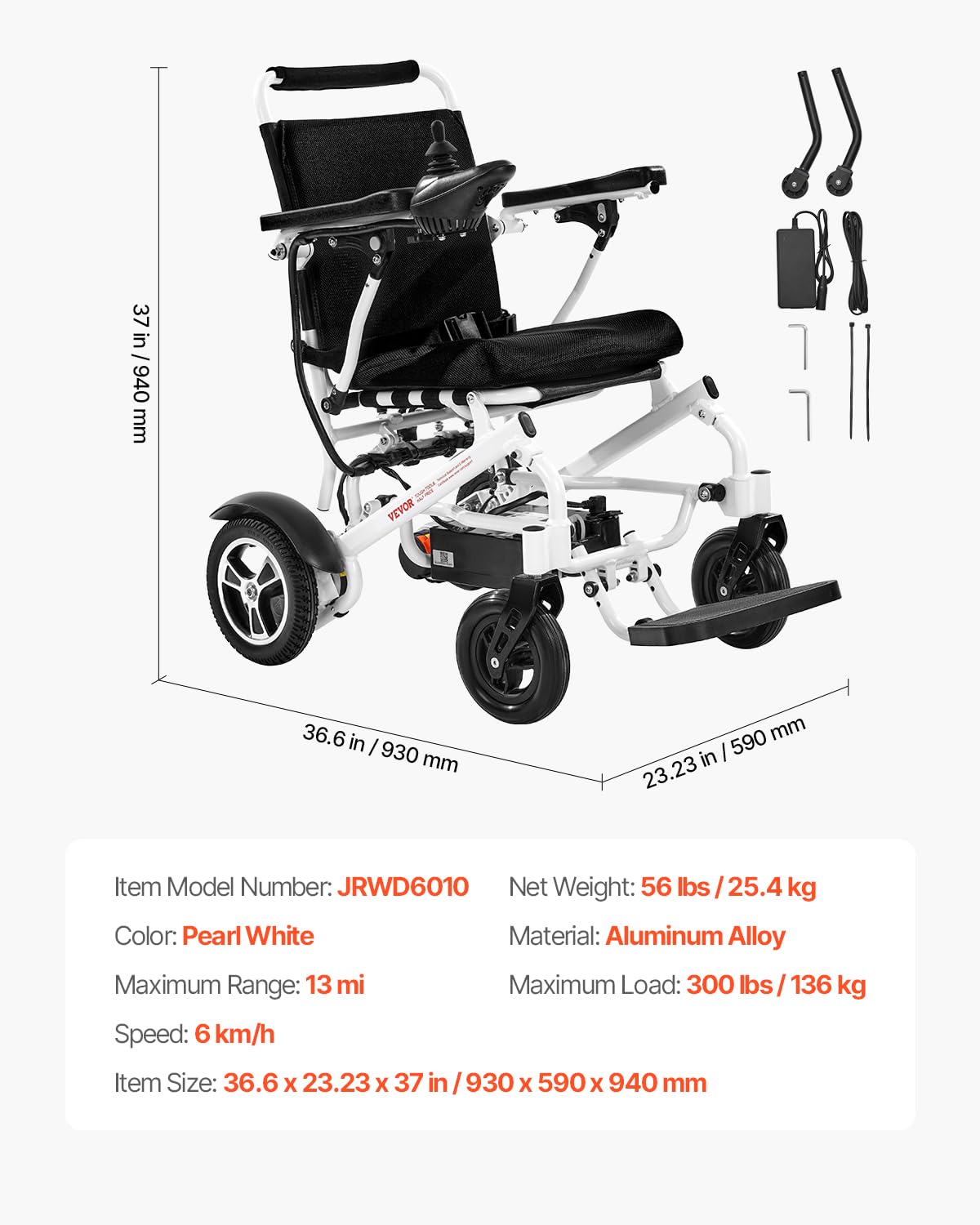 VEVOR Silla de Ruedas Eléctrica para Adultos Capacidad de 136 kg Plegable Ligera Motorizada Autonomía de 21 km Ajuste de 5 Velocidades Todoterreno Portátil para Personas Mayores, Discapacitadas