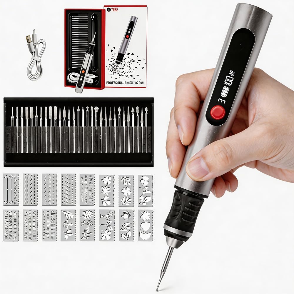 Gravierstift, Elektrischer Gravur Stift mit 30 Bits und 16 Vorlagen, Kabelloser Tragbarer Gravur Gerät, USB-Type-C Wiederaufladierbar Gravur Werkzeug Kit für Schmuck, Holz, Kunststoff, Metall,