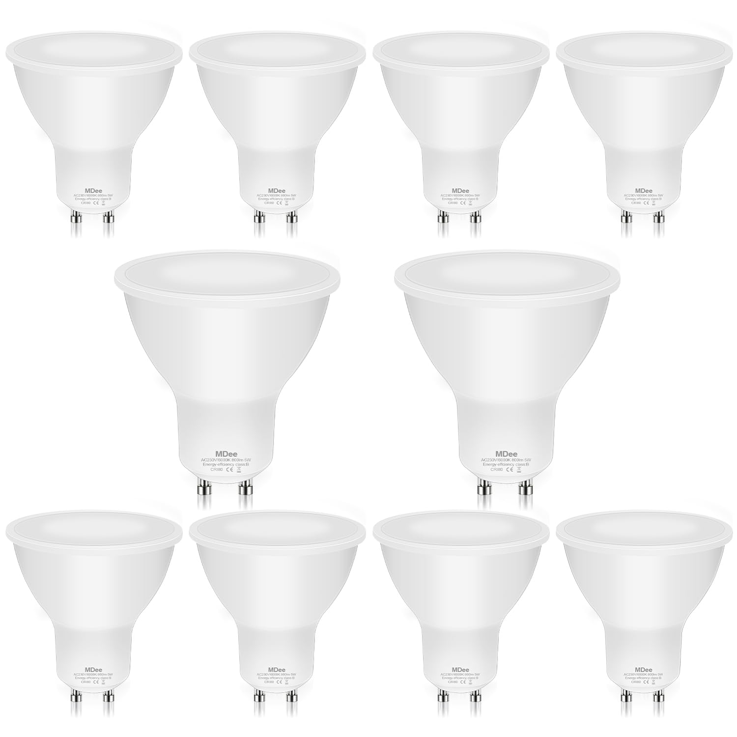 MDee GU10 LED Bulbs Cool White 6000K, 5W 800LM Energy Saving Light Bulbs(80W Halogen Replacement), Non-Dimmable, 110° Wide Beam, Energy Class B GU10 Bulb for Ceiling Light Wall Light, 10-Pack