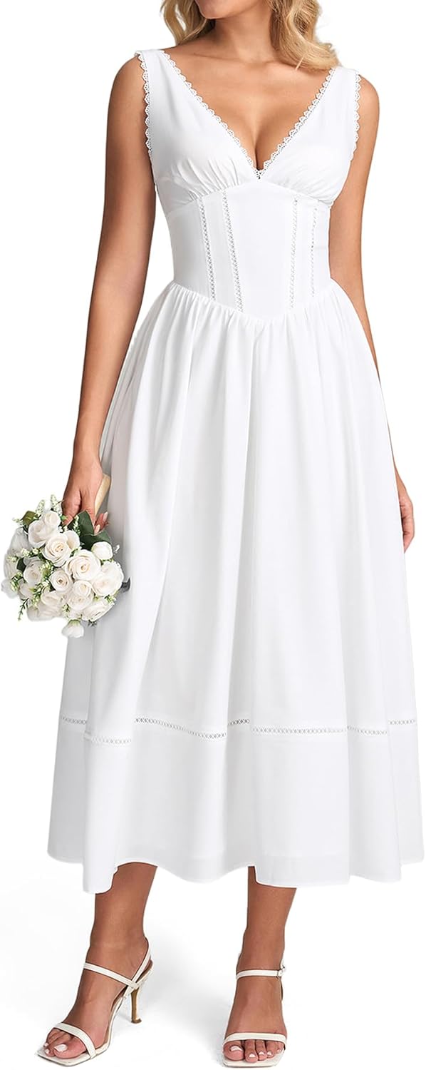 KUTUMAI Floral Corset Midi Dresses for Women 2026 Summer Spring V Neck Lace Up Flowy Wedding Guest Dress