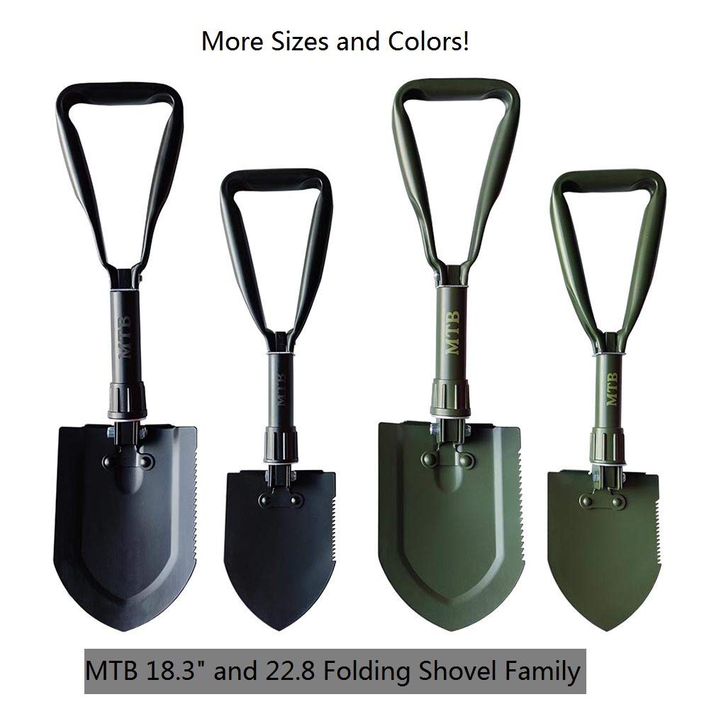 Pala militar plegable MTB para acampar, herramienta de anclaje de acero de alto carbono con borde de sierra de madera y funda de transporte táctica, 22.8 pulgadas, color negro