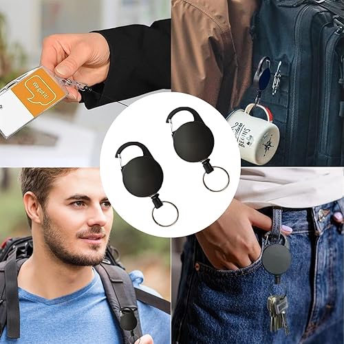 Miniatura 6 de 2 llaveros retráctiles, llaveros robustos y resistentes, llavero retráctil, clip para cinturón con mosquetón multiherramienta, cordón de 25 pulgadas