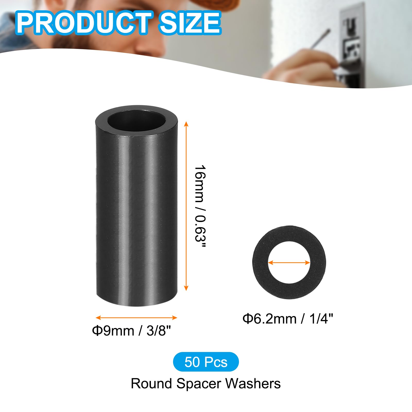 PATIKIL 50Pcs M4 ABS Spacers M6 x 9mm OD x 16mm L Plastic Round Spacer Washers Black Standoff Nut Unthreaded for Screws Bolts Electrical Outlet - Image 2