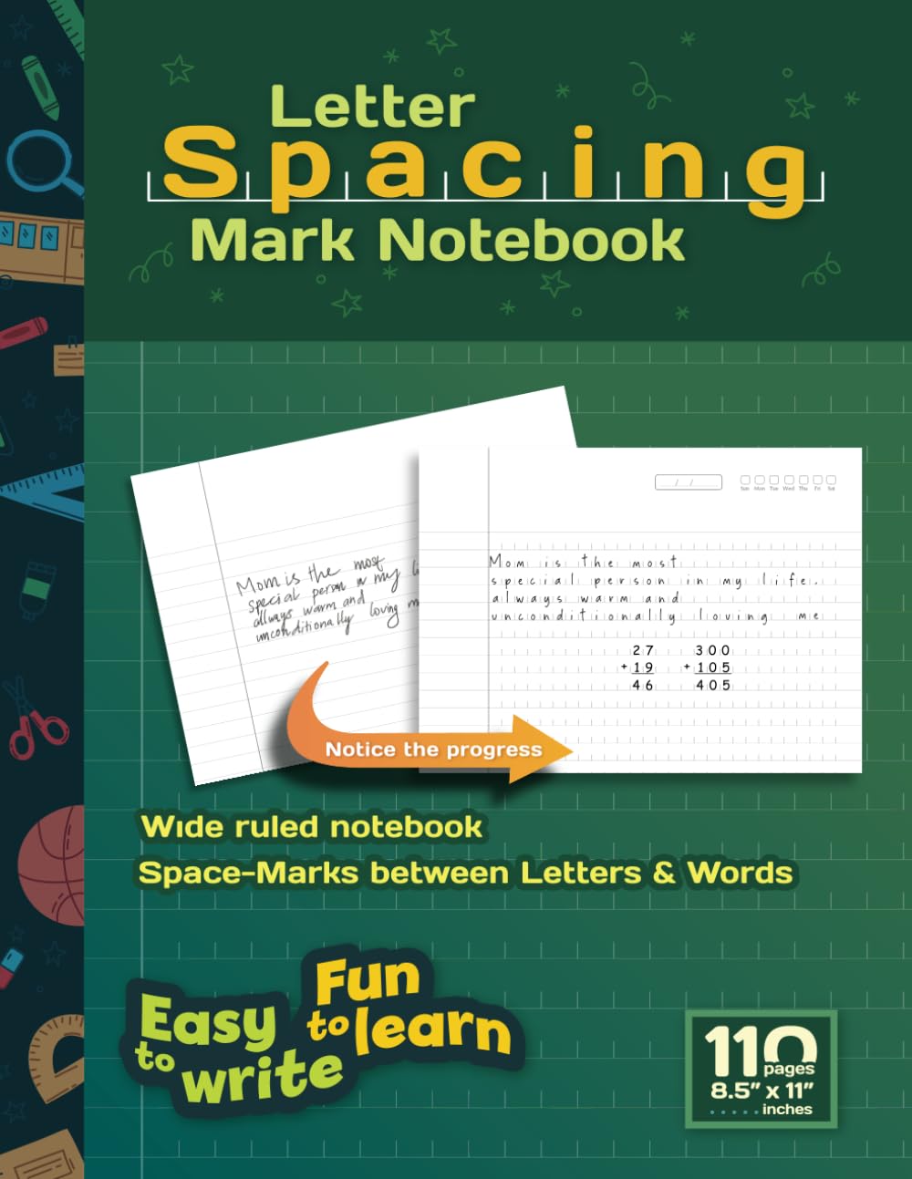 Letter Spacing Mark Notebook: Wide ruled with small marks on the baseline / 110 pages / 8.5x11 Inches / for Dysgraphia Kids