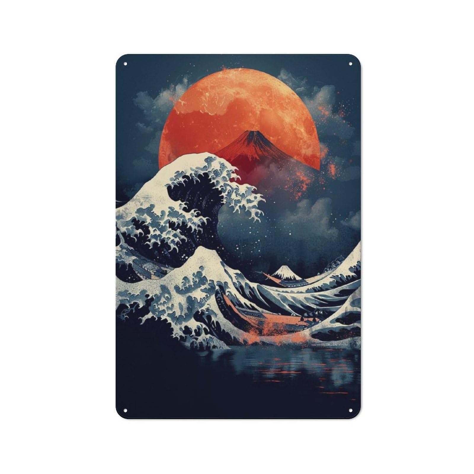 Junmoney Great Wave With Mount Fuji And Moon Retro Tin Sign 30X20cm Featuring For Home Bar Wall, For Collectors Decorating Home Bars And Entertaining Spaces
