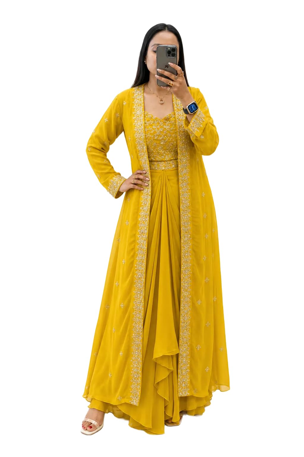 Women Chinon Sharara Set with Embroidered Shrug and Blouse | Sequins Work Ethnic Outfit | Fully Stitched-picture-19