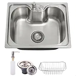 Cuba Cozinha Gourmet Aço Inox 201 50x40cm Quadrada Escovada SOFTINOX Embutir ou Sobrepor — Kit Cuba com Dispenser, Cesto Escorredor e Válvula