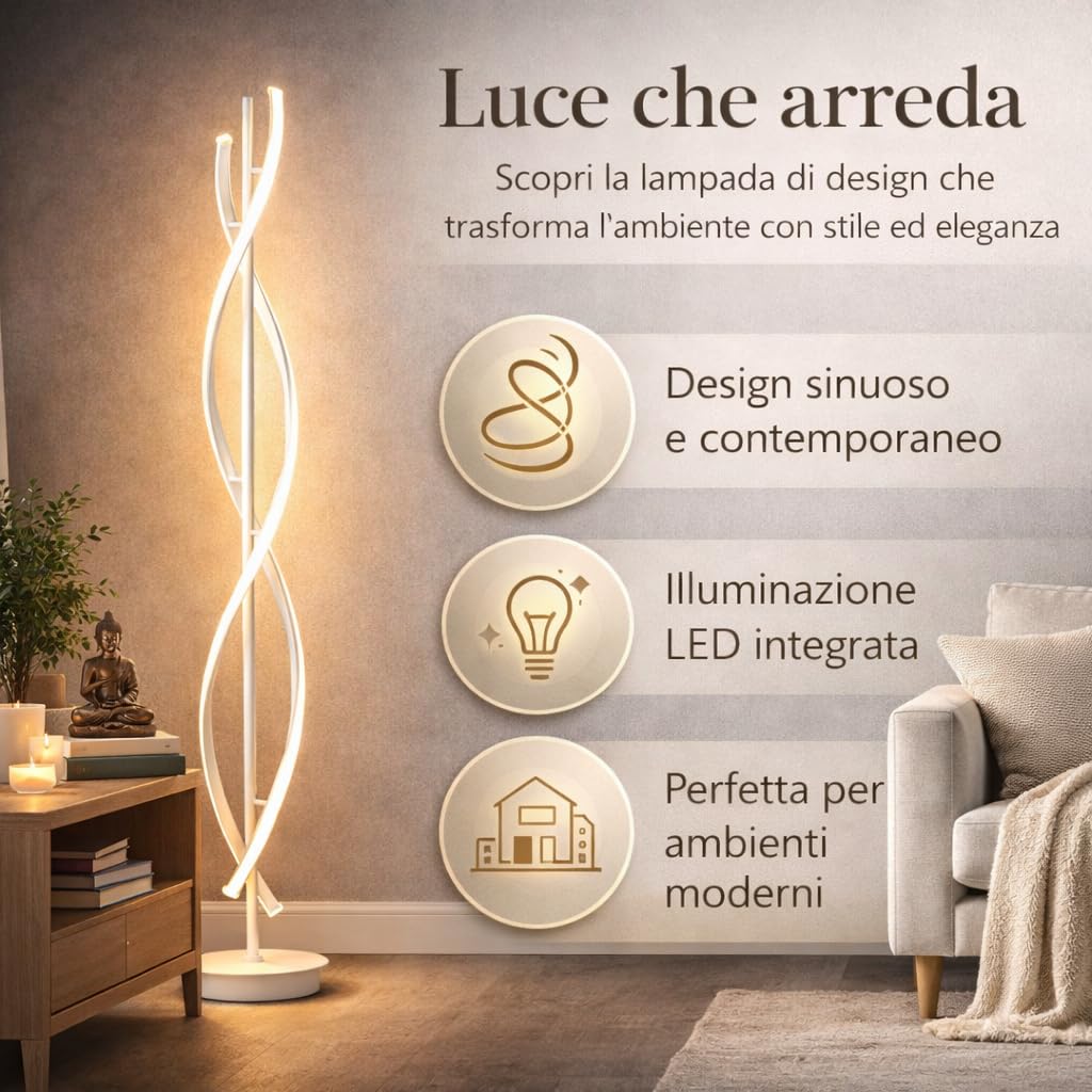 Arcadia Lampada da Terra LED Moderna Forma di Spirale | Piantana Design Contemporaneo | Luce Calda/Fredda | Lampada Salotto Camera da Letto Studio, Arredo Interni Elegante 150 cm (Bianco)