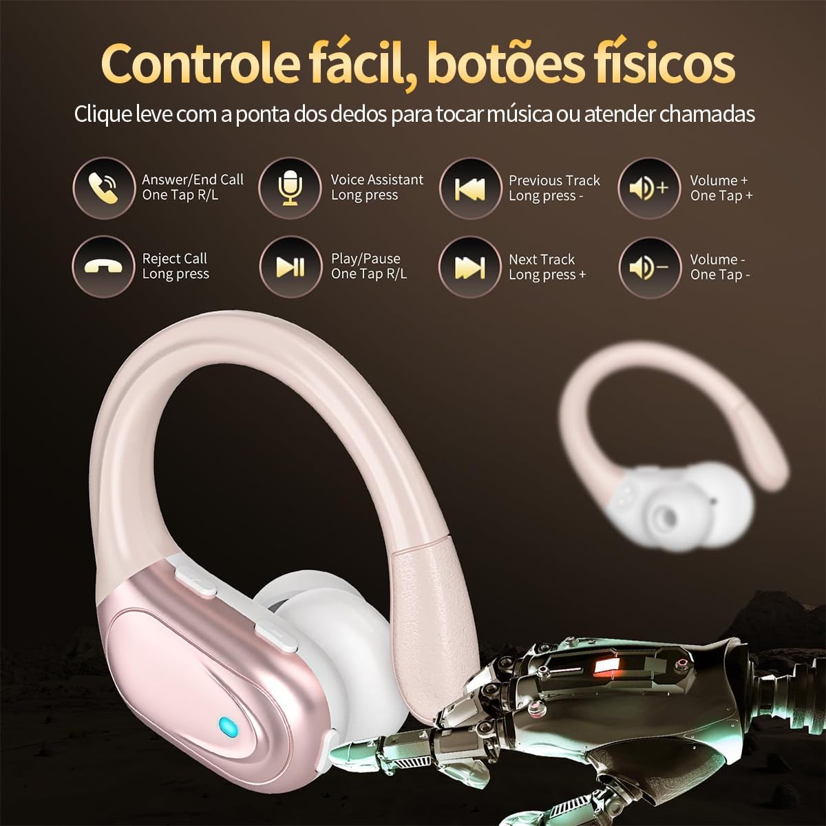 Fone Bluetooth com controle por botões físicos para chamadas, música e assistente de voz.