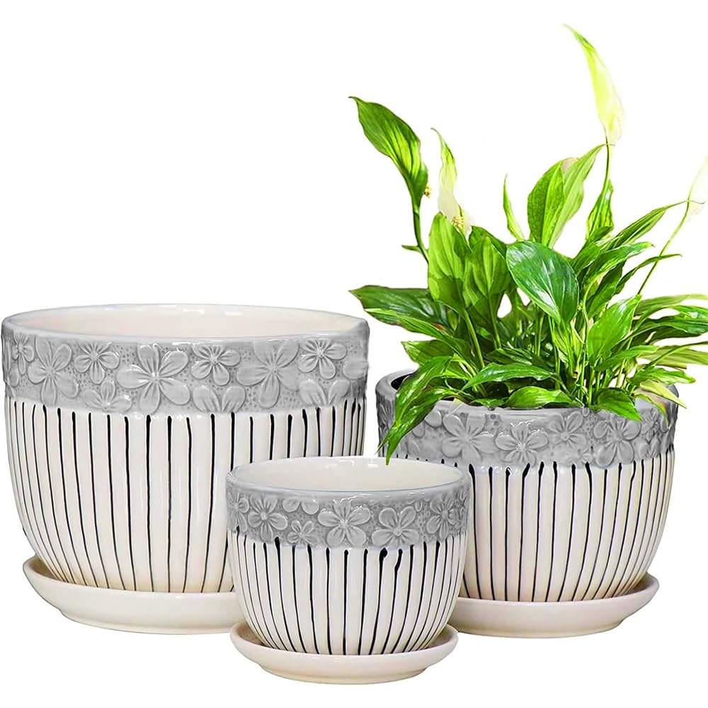 YARDHOBI Ceramic Plant Pots, 6.6/5.4/4.3 inch Planters with Drainage Holes and Saucer, Flower Pots Outdoor Indoor, Modern Decorative Planters for House Plants Garden Planters Succulent Pots (Set of 3)