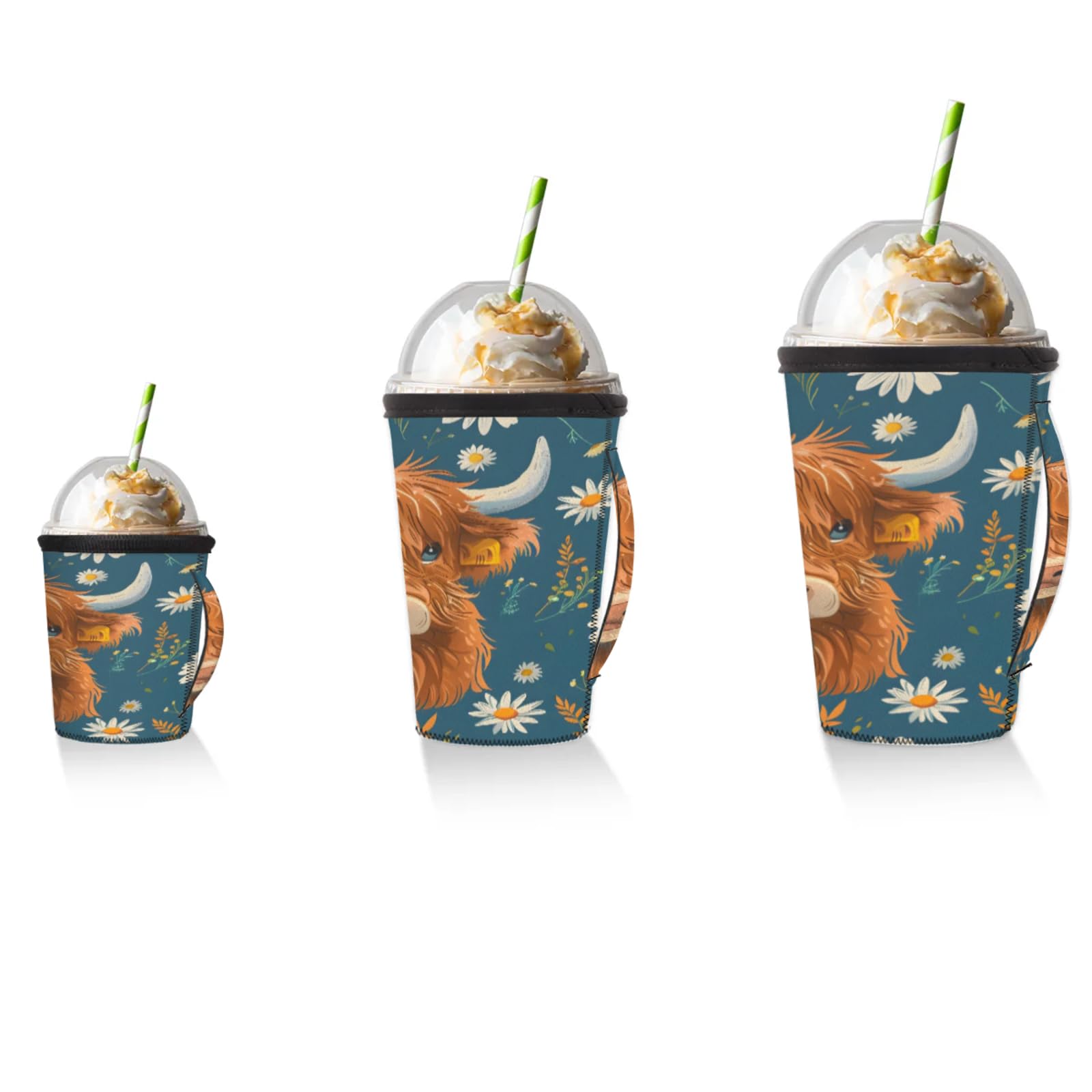Chrysanthemum Cow Reusable Neoprene Coffee Sleeve with Handle Insulated Iced Coffee Cup Holder Reduces Condensation Fits 24-28 oz Cups M