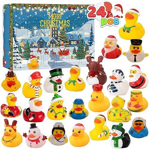 LATERN Calendario de Adviento 2024, Cuenta Regresiva Navideña de 24 Días con 24 Patitos de Goma Divertidos Juguetes de Baño Duckie para Navidad Decoración Favor de Fiesta Regalos (32 x 22cm)