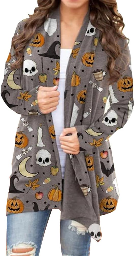 Women's Halloween Pumpkin Cat Print Knitting Cardigan Long Sleeve Open Front Knitted Sweater Outwear Coat Tops (Deep Gray
