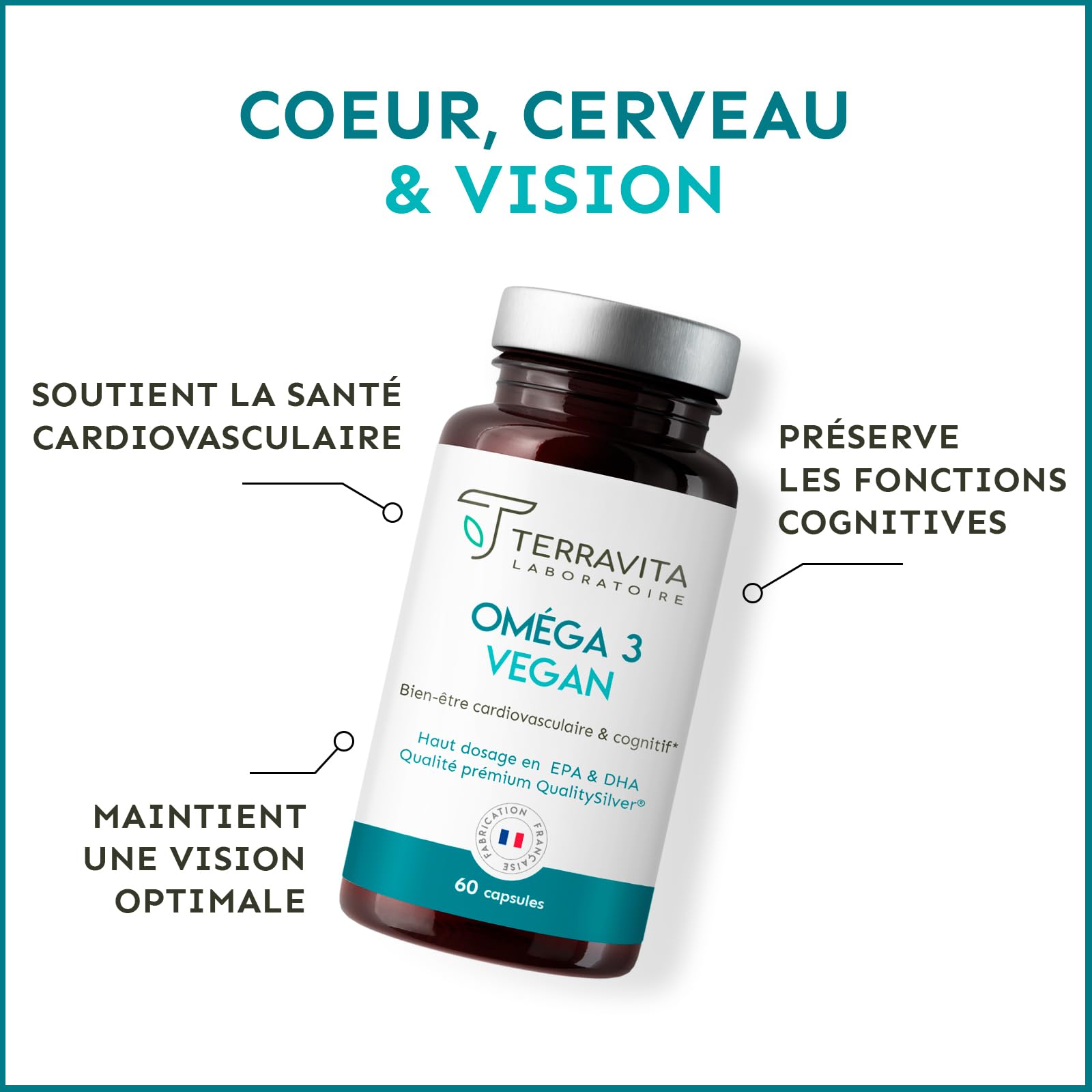 Oméga 3 Vegan | Huile Brevetée OmegaVie® issue de la microalgue Schizochytrium | 250 mg de DHA et 125 mg d’EPA par Capsule | Garantie sans Métaux Lourds | 60 Capsules | Made in France | Terravita