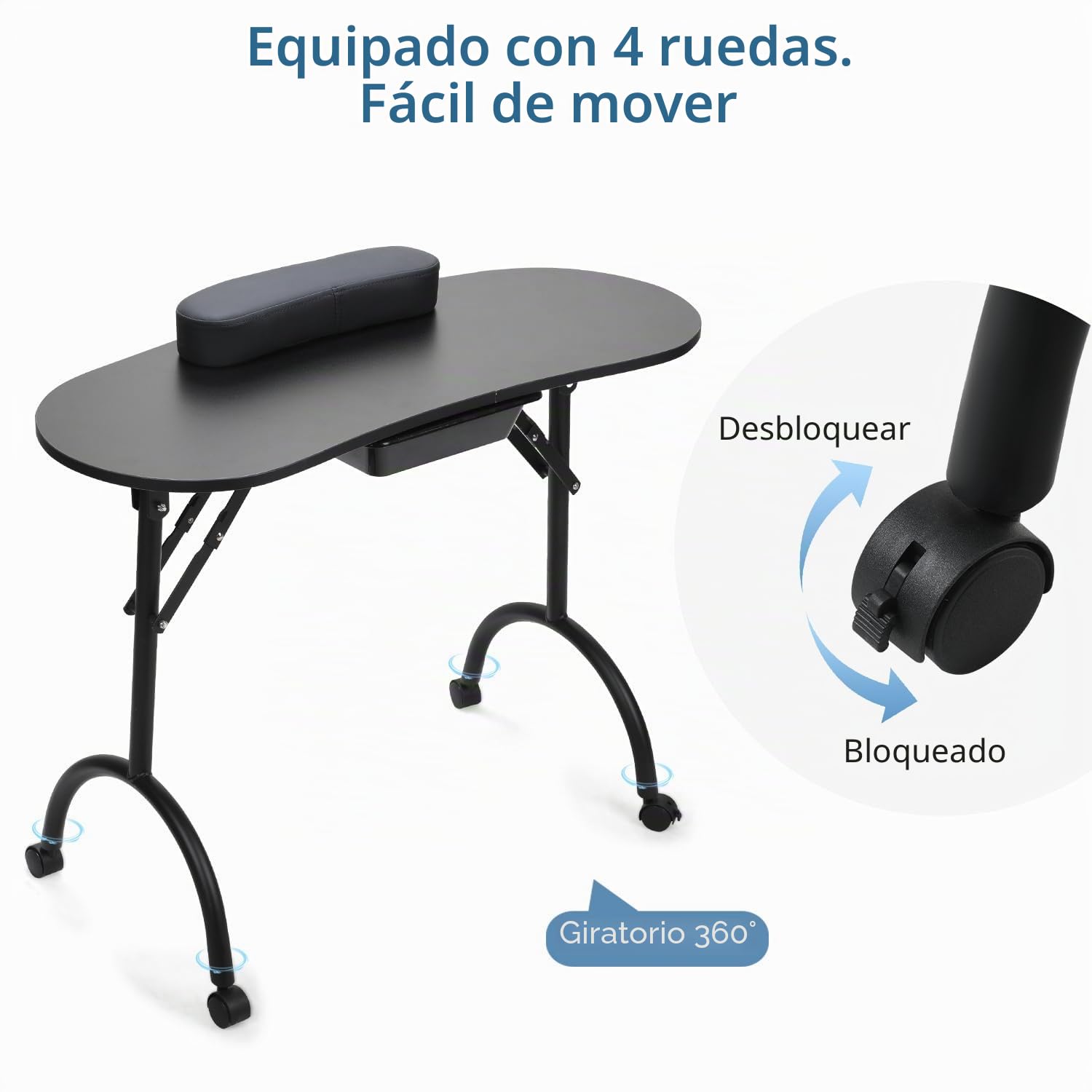 Hebitod - Mesa de manicura, plegable, portátil, con cajón, ruedas y bolsa de transporte, mesa de salón de uñas portátil para casa y estudio, color negro