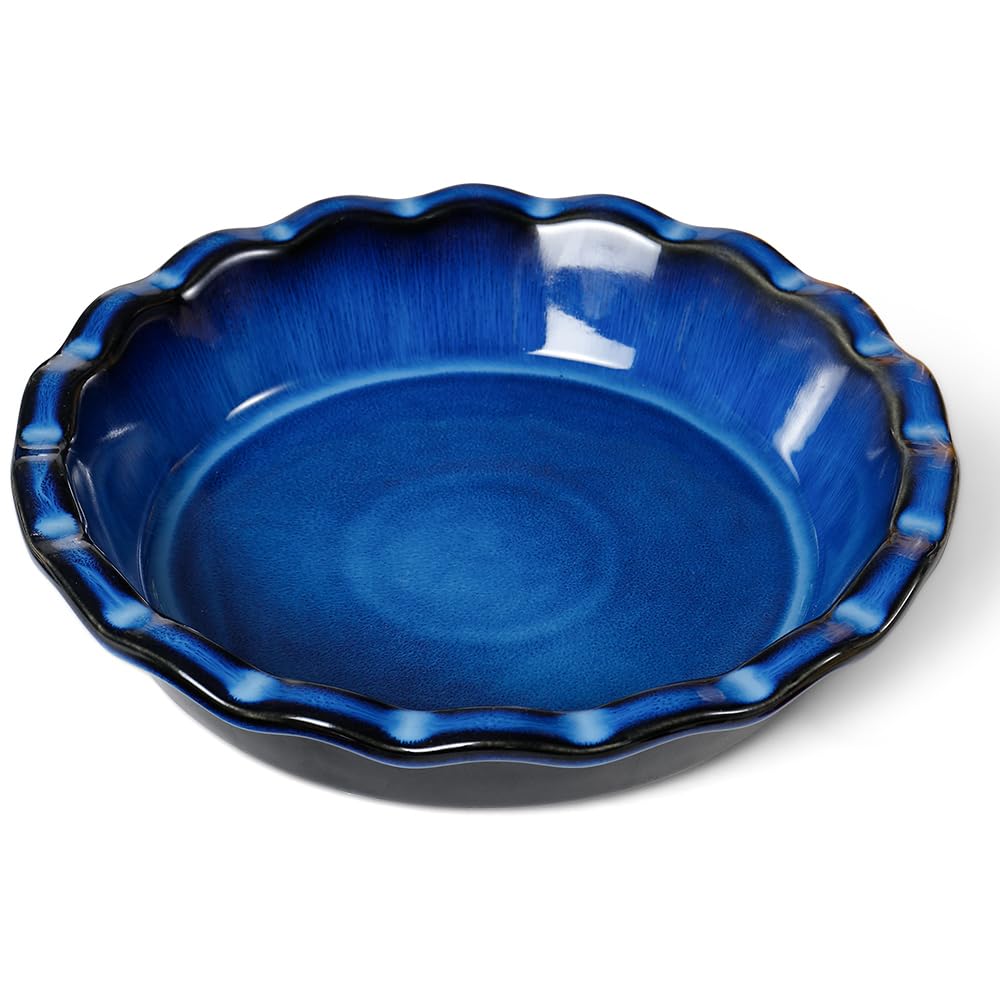 AISBUGUR Pie Pan for Baking 9 Inch Ceramic Pie Dish Quiche Baking Dish Non-Stick Dishwasher & Oven Safe (Reactive Glaze Blue)