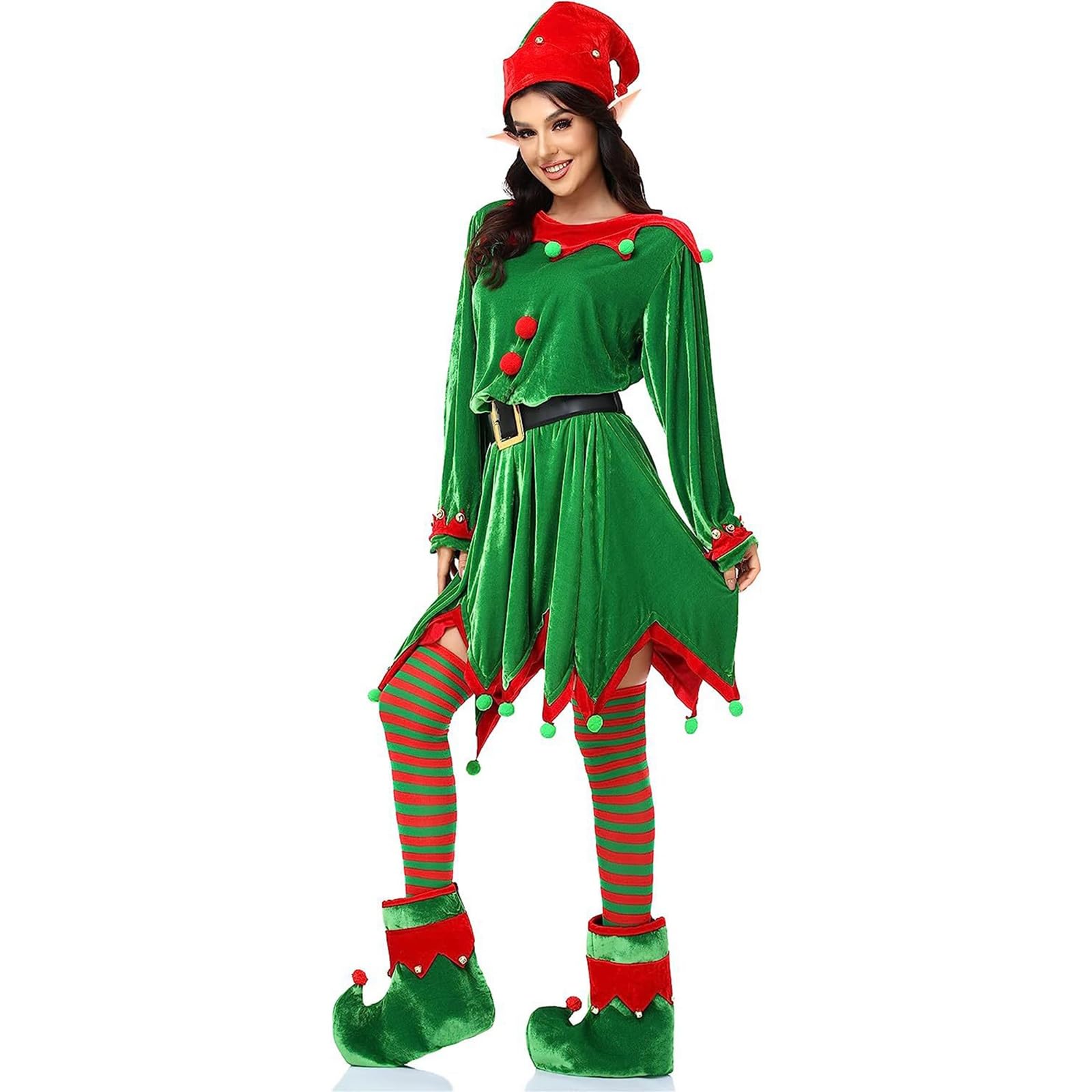 Costume Elfe Femme Noël - Robe Velours + Chapeau + Chaussures + Oreilles + Bas - 6 Pièces - Taille Unique à Personnaliser